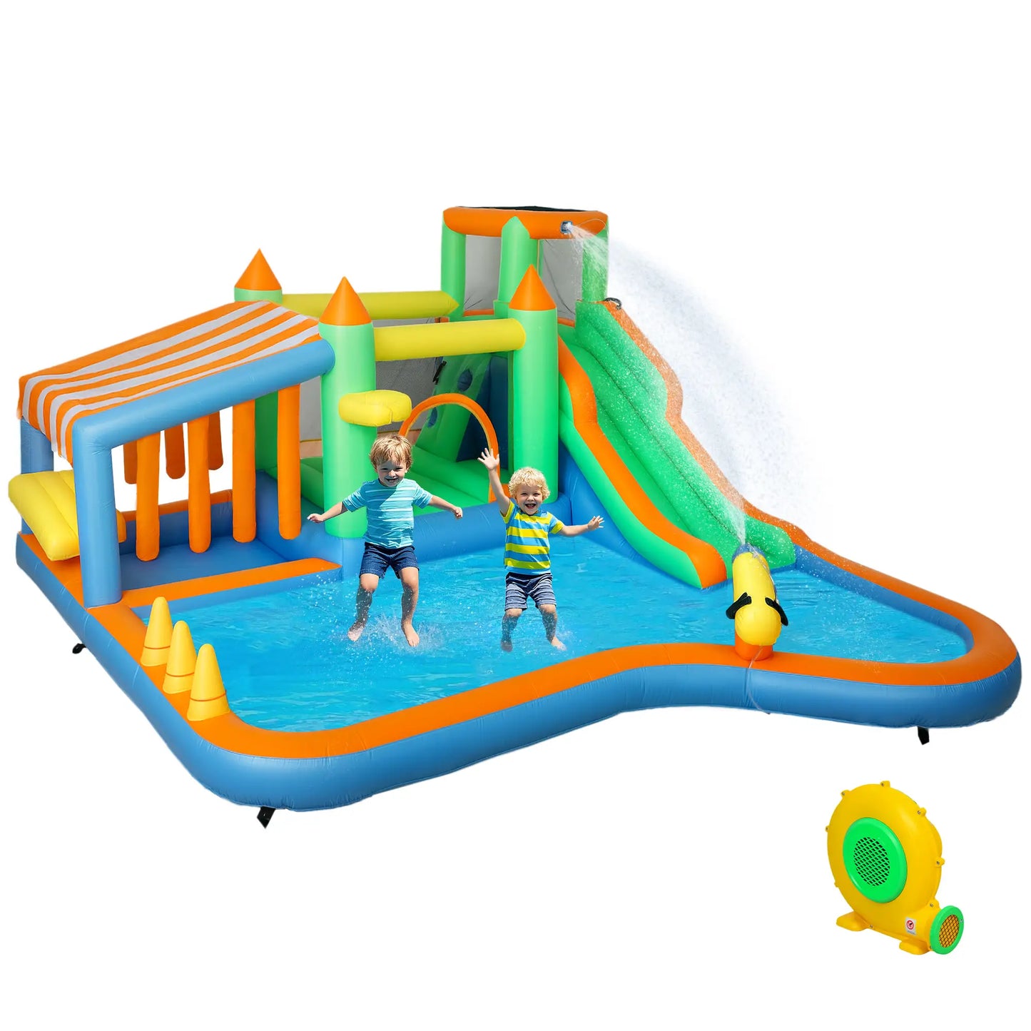 Nancy's Fregene Springkussen - Opblaasbaar Waterpark - Springkasteel - Waterglijbaan - ± 415 x 370 x 195 cm