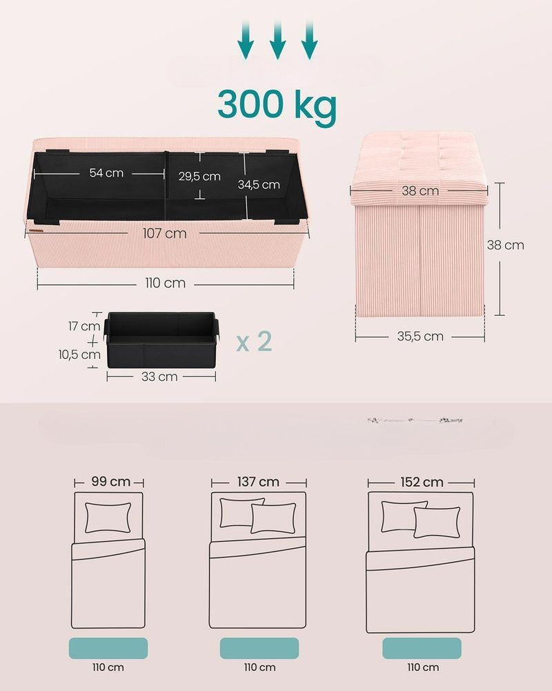 Nancy's Mercatale Opbergbank - Bankje met opbergruimte - Roze - Corduroy - ± 110 x 40 x 40 cm