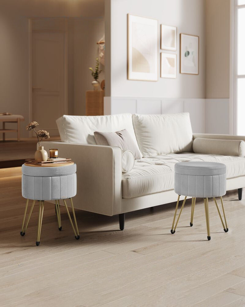 Nancy's Coves Make-up Stool - Ottoman - Stool - Grey / Gold - Velvet - ± Ø 39 x 45 cm