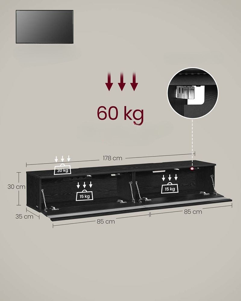 Nancy's Grottaminarda TV Meubel - TV Kast - Zwevend - Met Verlichting - Zwart -± 180 x 35 x 30 cm