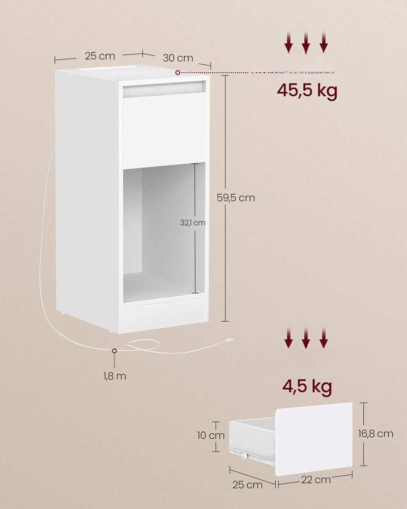 Nancy's Mincio Nachtkastjes - Set van 2 - LED-verlichting - Opladen en Opbergen - Wit - ± 25 x 30 x 60 cm