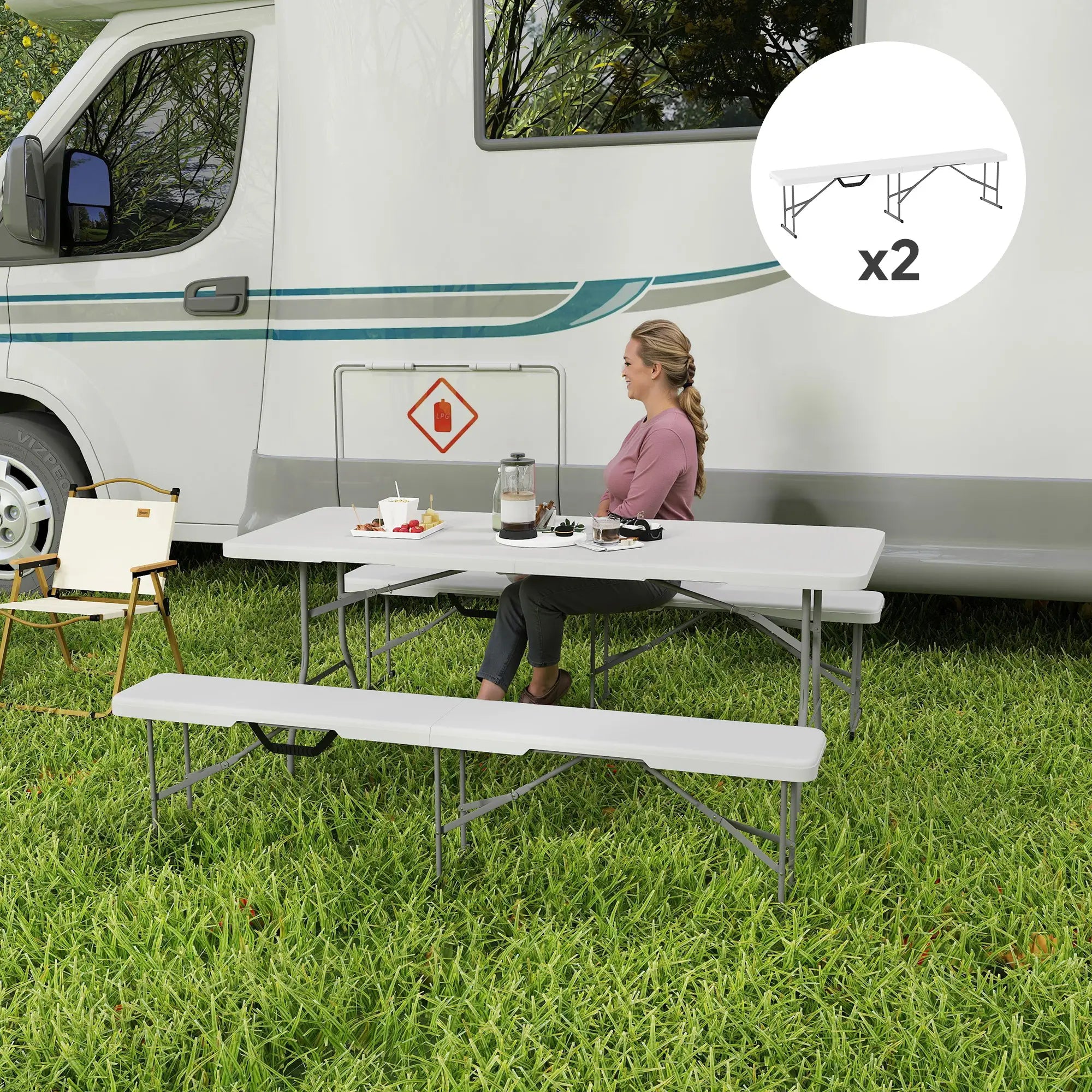 Nancy's Corsanico Campingbanken - Picknickbanken - Set van 2 - Opvouwbaar - Wit - ± 180 x 30 x 40 cm