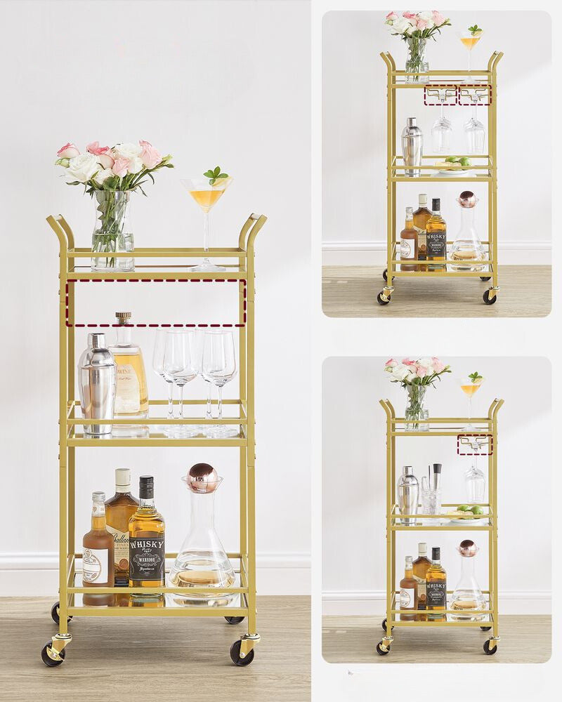 Nancy's Redcar Keukentrolley Goud - Serveerwagen - Bartrolley - Modern - Staal - Spiegelglas - 46,8 x 30 x 92 cm