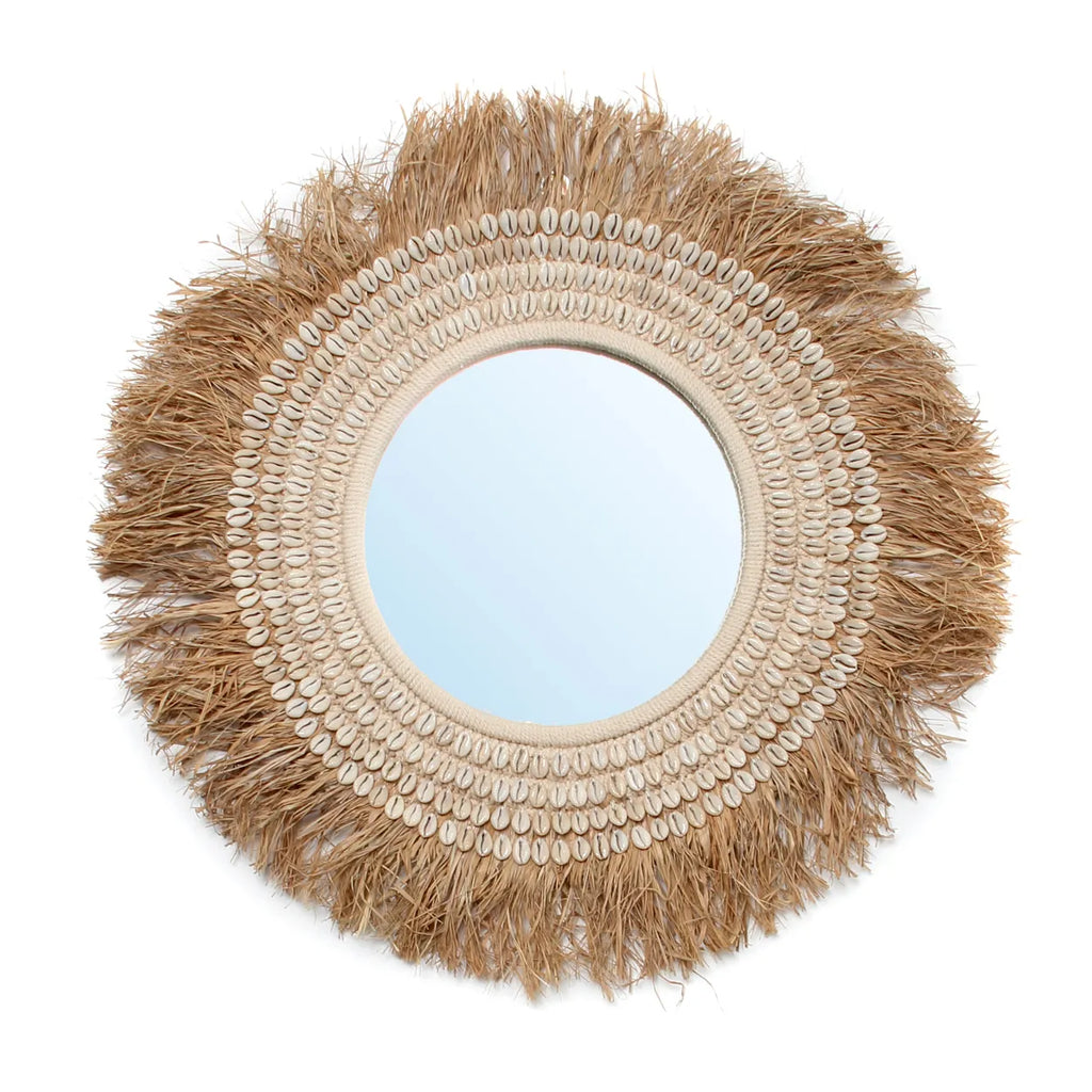 Nancy's Raffia Cowrie Spiegel - Naturel Wit - Schelpen - Ø 75 cm