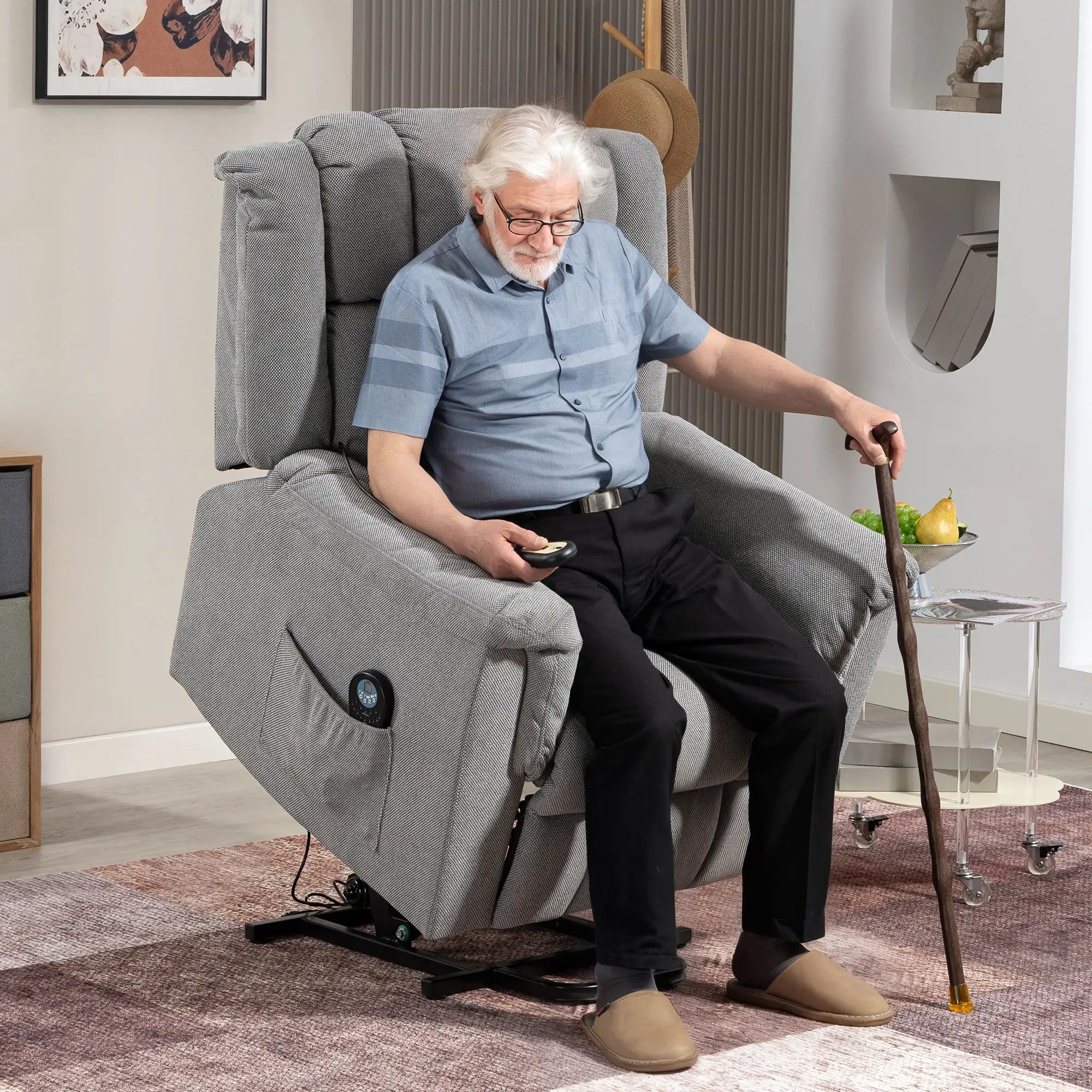 Nancy's Langhirano Sta op Stoel - Opsta Stoel - Seniorenstoel - Relaxfauteuil - Massagestoel - Donkergrijs - Chenille