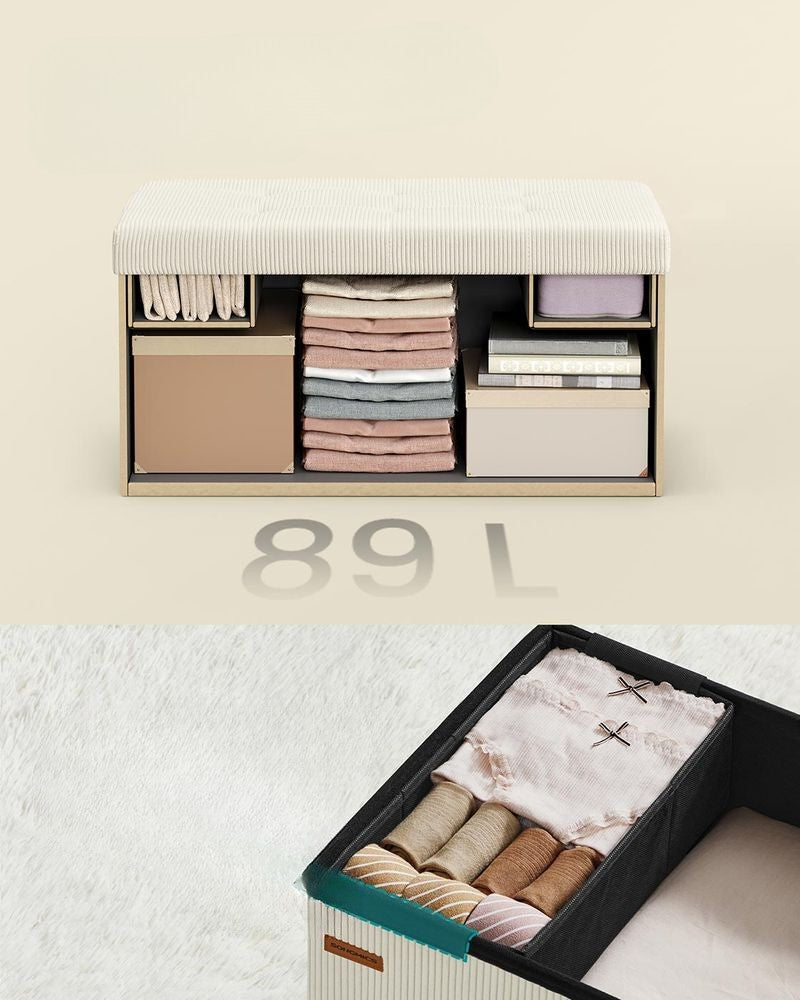 Nancy's Merate Opbergbank - Bankje met opbergruimte - Crèmewit - Corduroy - ± 75 x 40 x 40 cm