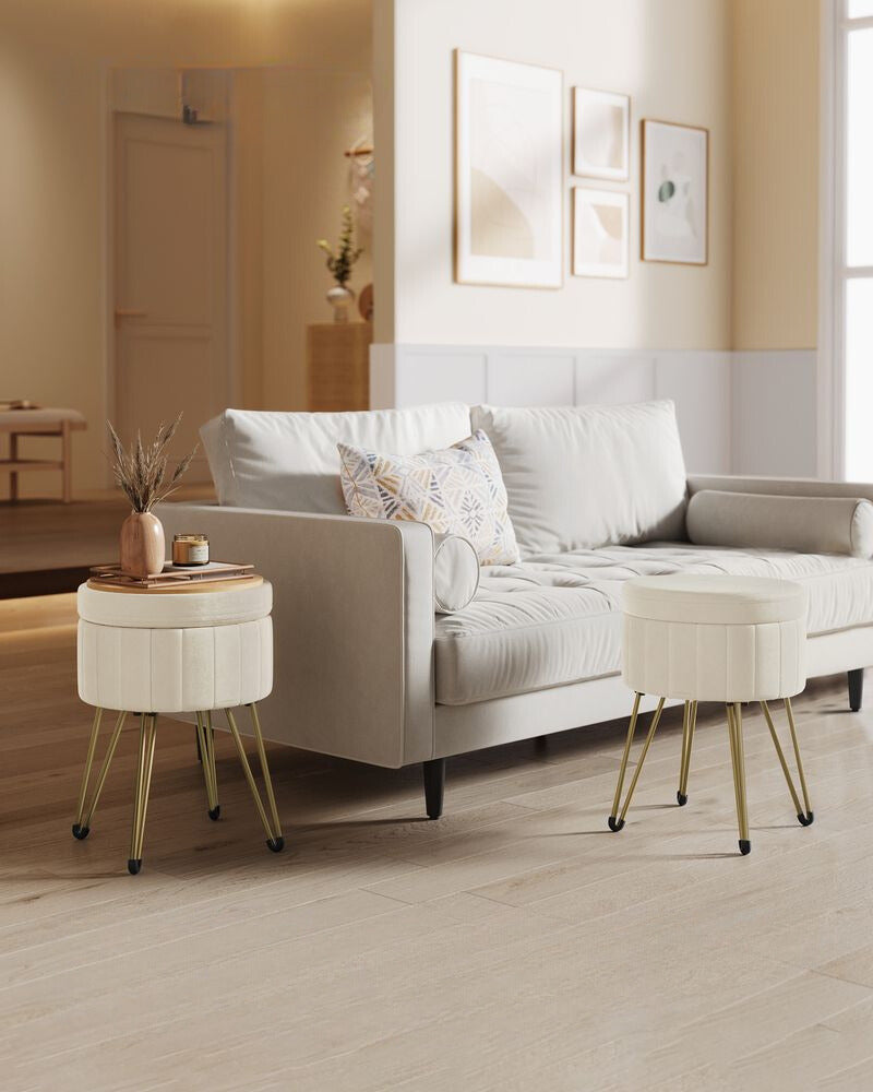 Nancy's Coves Make-up Stool - Ottoman - Stool - Cream white / Gold - Velvet - ± Ø 39 x 45 cm