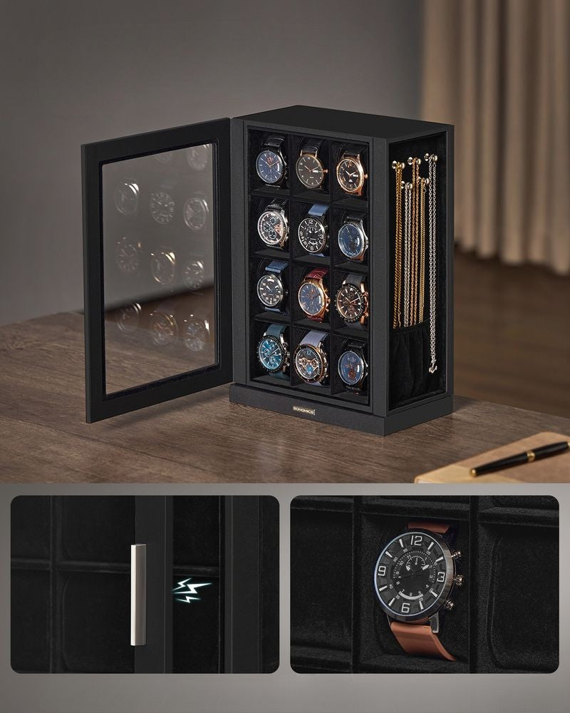 Nancy's Picerno Horlogedoos - Horlogebox - Opbergdoos voor 12 horloges - Draaibaar - Zwart - Fluweel - ± 25 x 15 x 35 cm