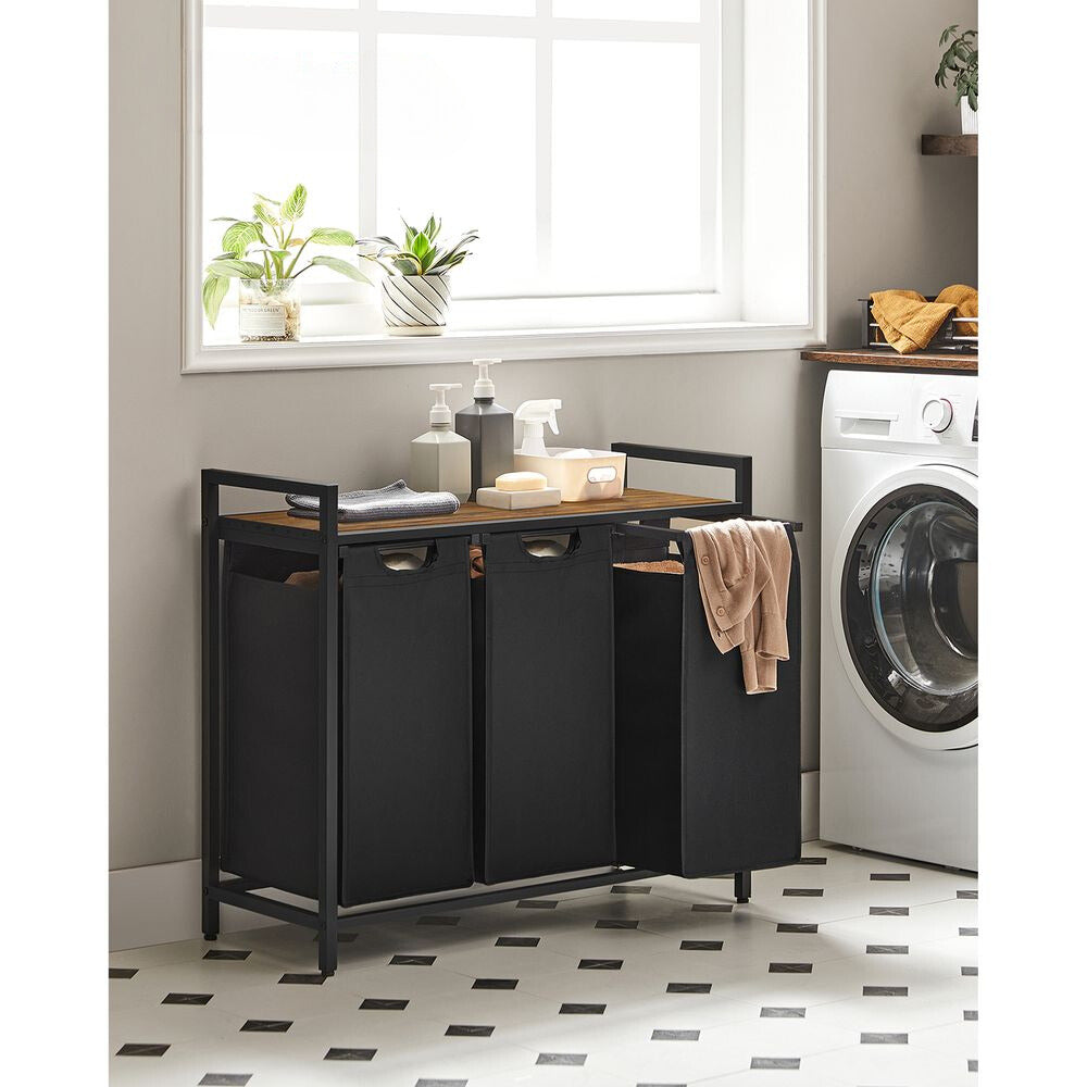 Nancy's Millom Wassorteerder - Wasmand met 3 vakken - Wasbox - Waswagen - Industrieel - Zwart Bruin - 92,5 x 33 x 71 cm