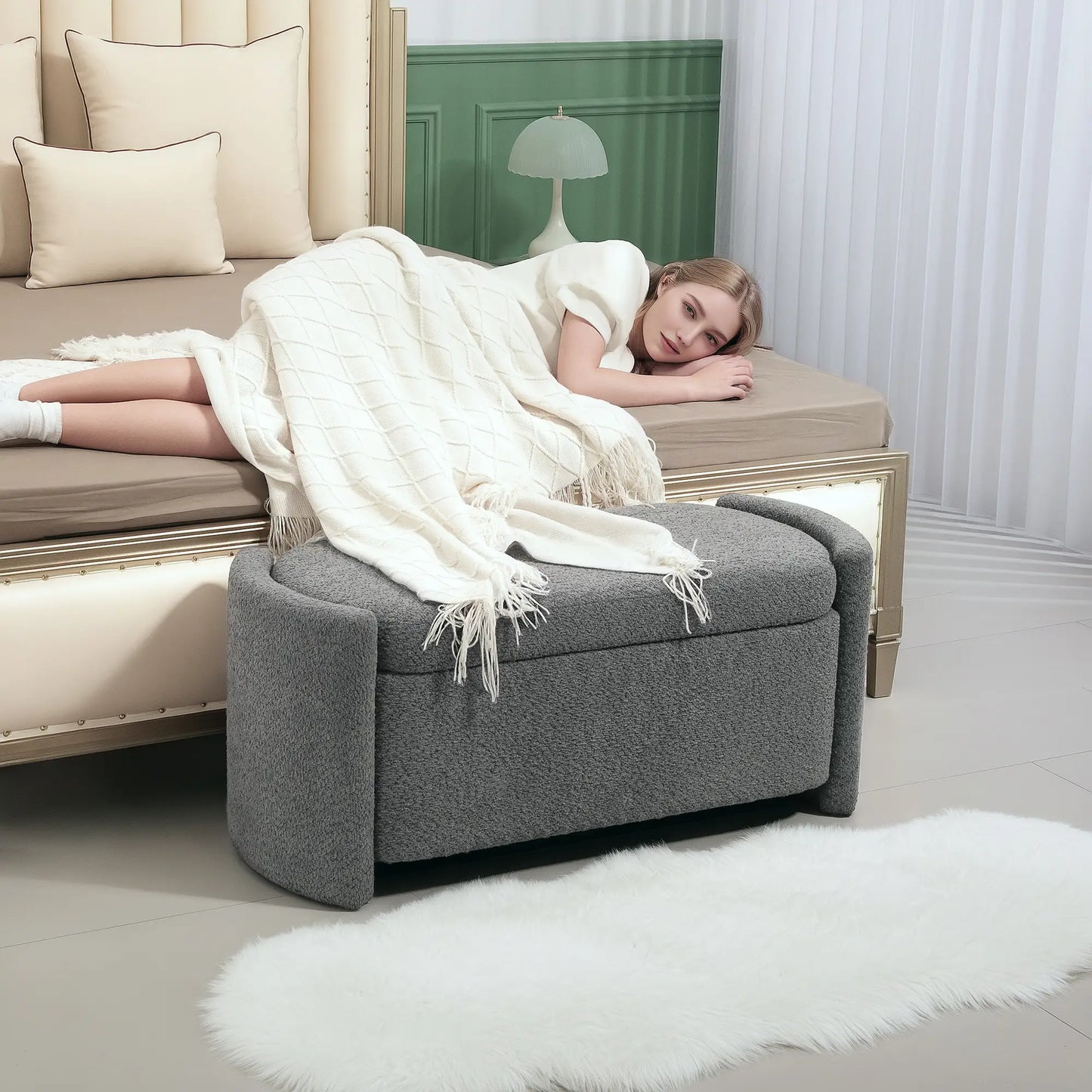 Nancy's Ferriere Opbergbank - Poef met Opbergruimte - Grijs - Teddyfluweel - ± 105 x 45 x 45 cm