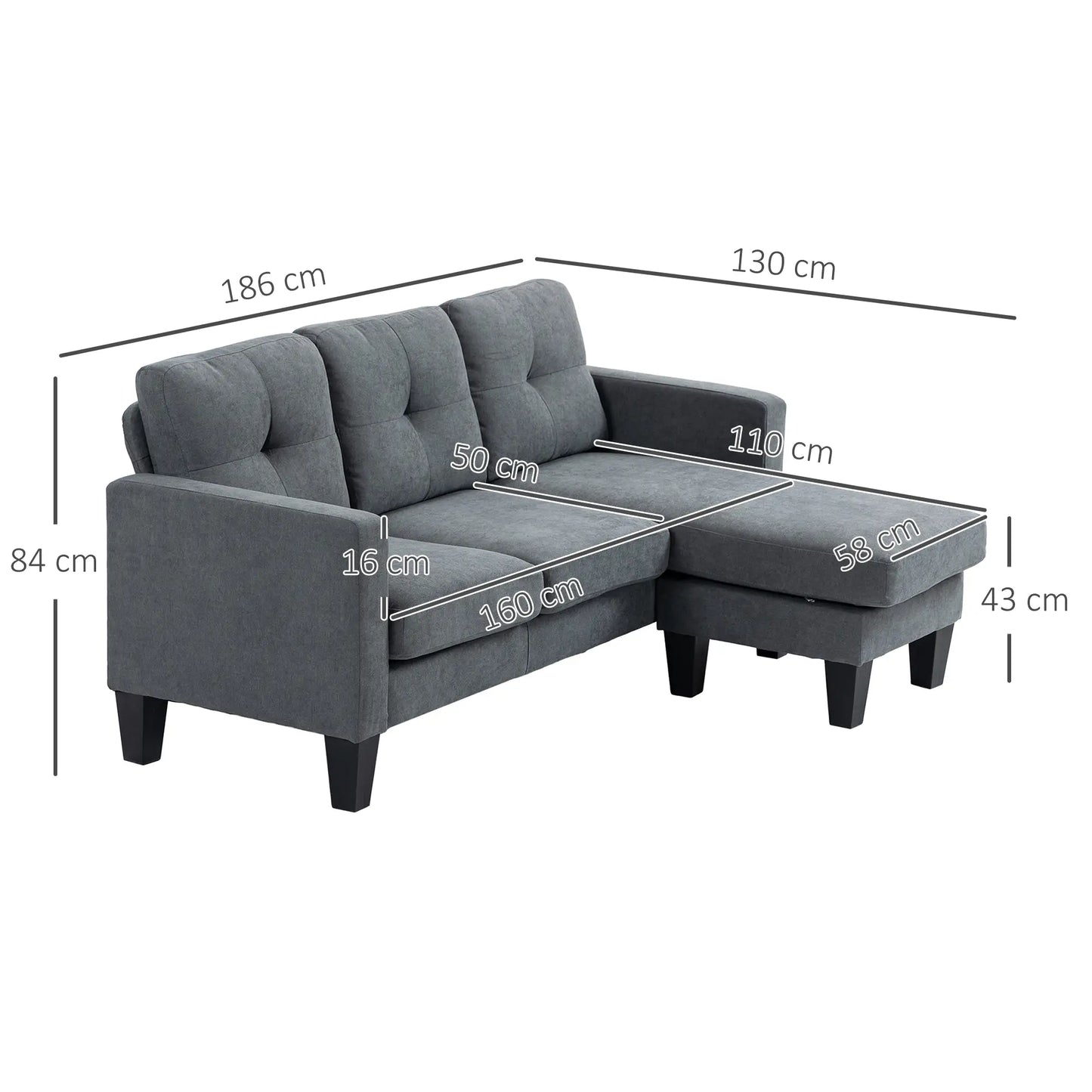 Nancy's Lido Hoekbank - L-vormige Bank - Omkeerbare chaise lounge - Grijs - Linnen - ± 185 x 130 x 85 cm