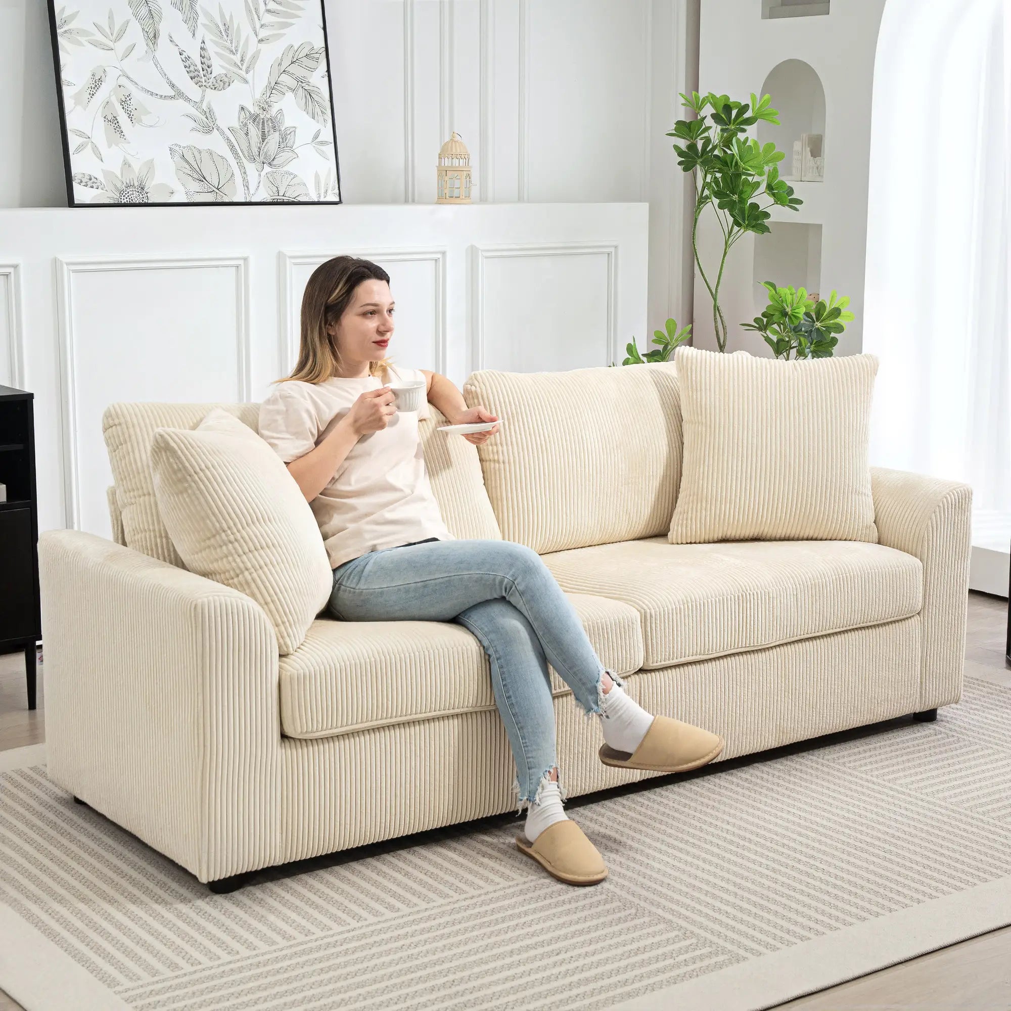 Nancy's Lauson 3-Zitsbank - Zitbank - Crèmewit - Corduroy - 210 x 80 x 90 cm