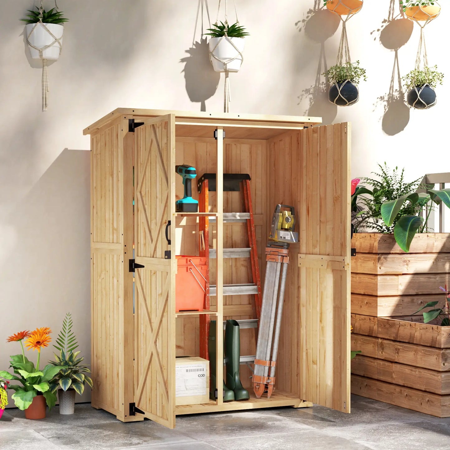 Nancy's Floridia Tuinkast - Buitenkast - Opbergkast voor buiten - Dennenhout - ± 115 x 55 x 159/167H cm
