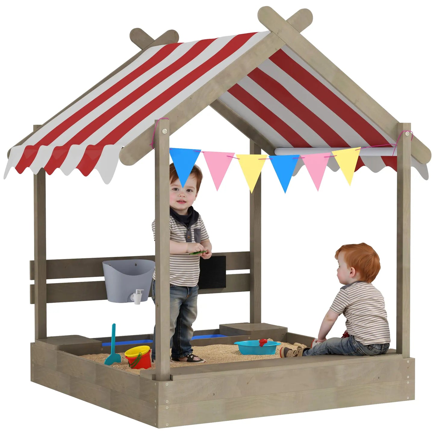 Nancy's Dossena Zandbak - Weerbestendig Dak - Met Speelset - Grijs / Rood / Wit - Dennenhout - ± 125 x 115 x 145 cm