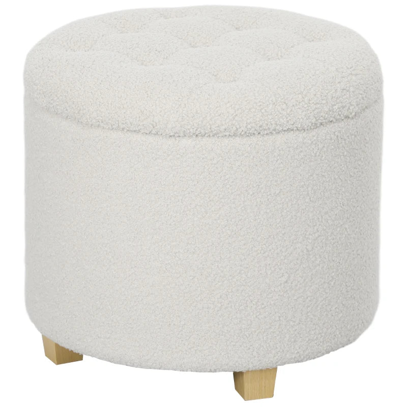 Nancy's Marene Opbergbank - Poef met opbergruimte - Krukje - Hocker - Wit - Teddy / Fleece Look - Ø45 x 41 cm