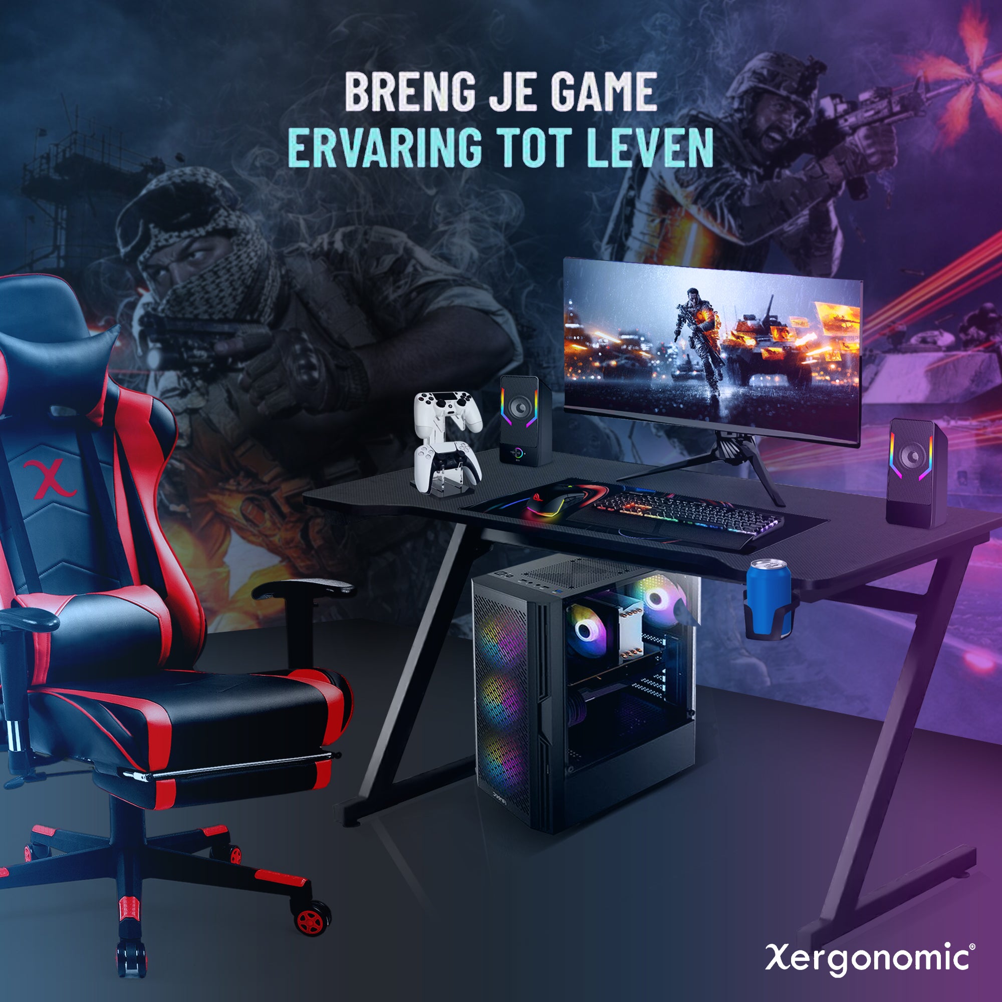 Xergonomic Aurora Xergax Gaming Desk 125cm - Carbonfiber look - Computer Tafel - Incl. beker-, koptelefoonhouder en kabelorganizer