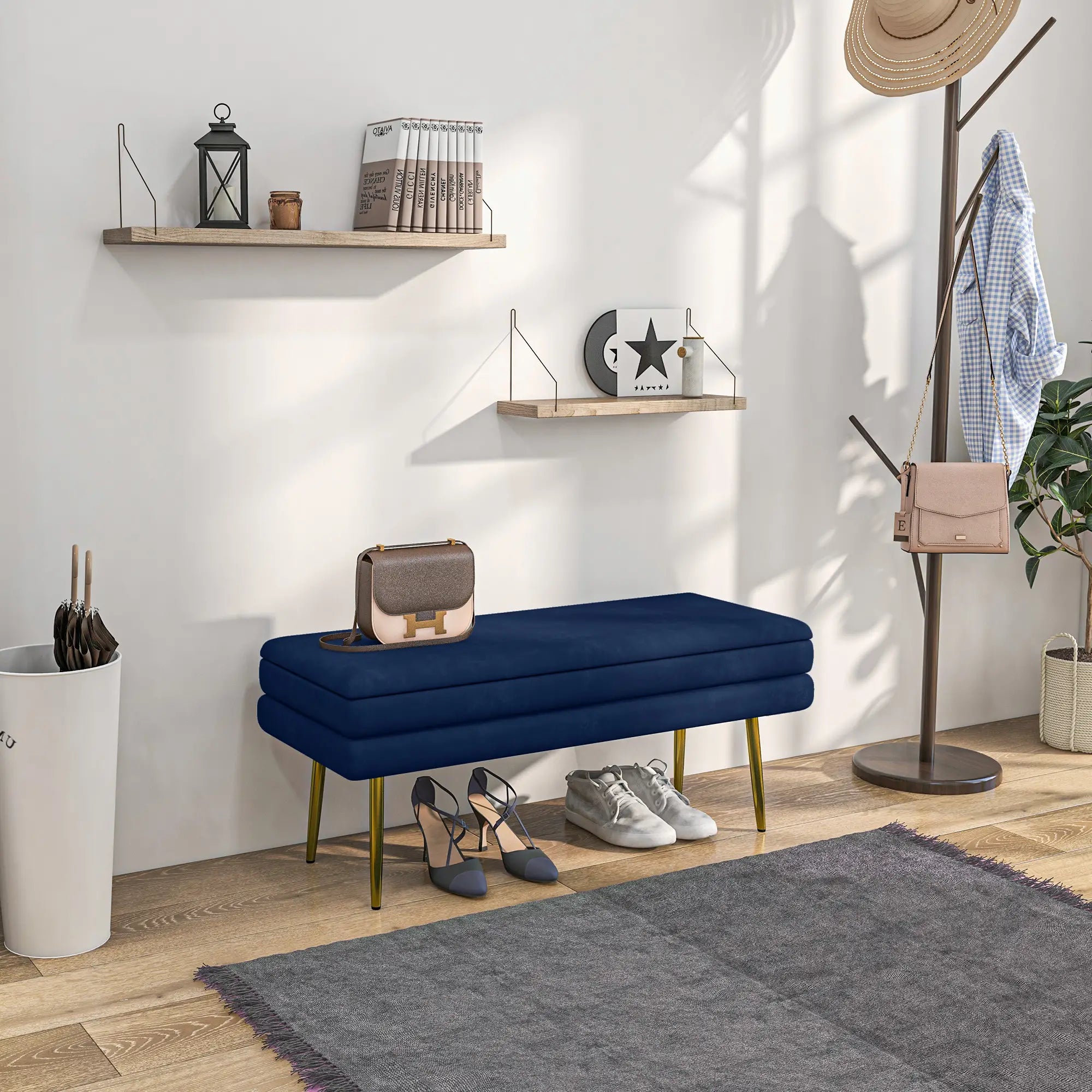 Nancy's Lavagna Bankje - Opbergbank - Blauw - Polyester - ± 80 x 35 x 45 cm