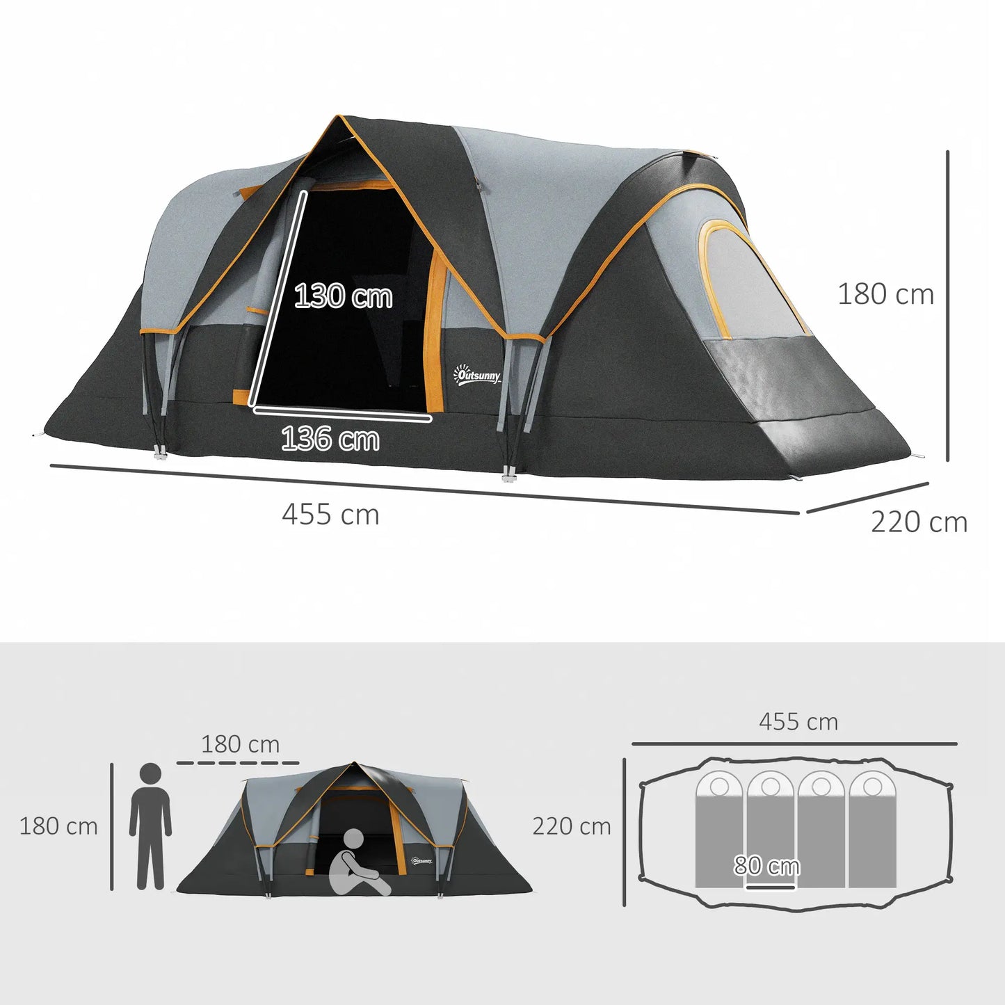 Nancy's Campli Kampeertent - Camping Tent - 5 tot 6 personen - Grijs / Zwart - 455 x 230 x 180 cm