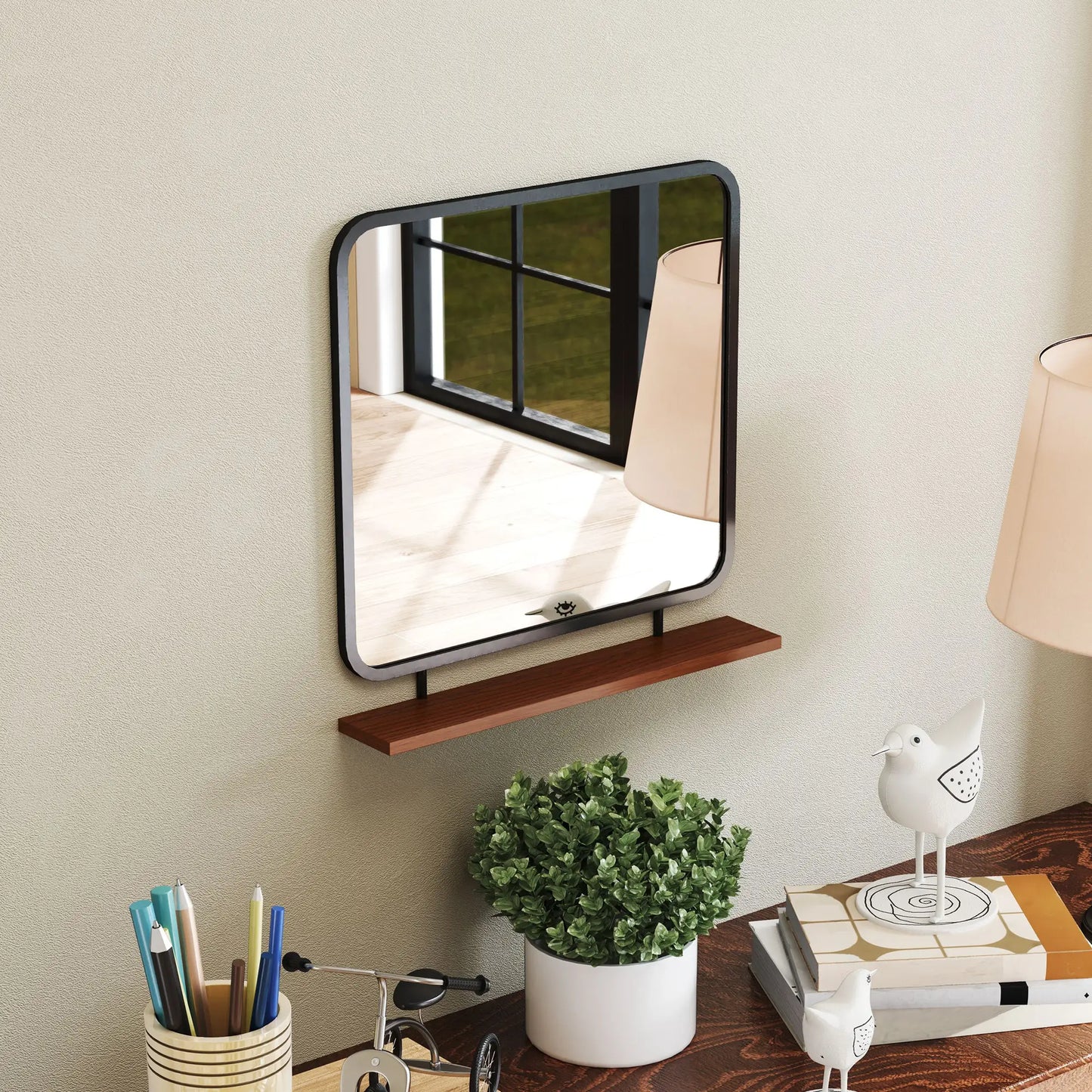 Nancy's Freixo Spiegel - Wandspiegel - Hangspiegel - Zwart - Staal/Glas/Hout - ± 55 x 55 mc