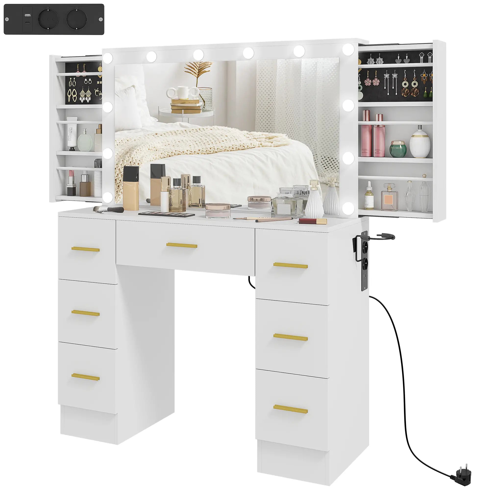 Nancy's Mangone Make Up Tafel - Kaptafel - Make-Up tafel met spiegel en verlichting - LED - Wit - ± 100 x 40 x 135 cm
