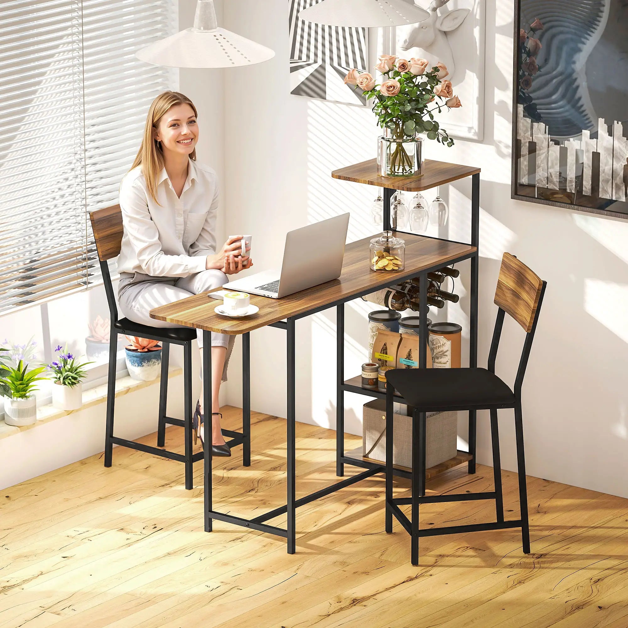 Nancy's Formia Bartafel Set - 3-Delige Bar Set - Bartafel met wijnopslag - Bruin / Zwart