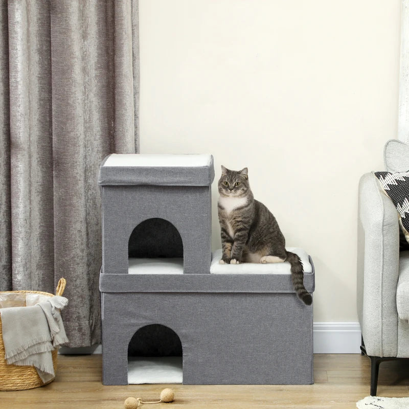 Nancy's Palhacana Cat House - Cat Cave - Cat Villa - Enclos pour chat - Gris / Blanc - ± 75 x 40 x 80 cm