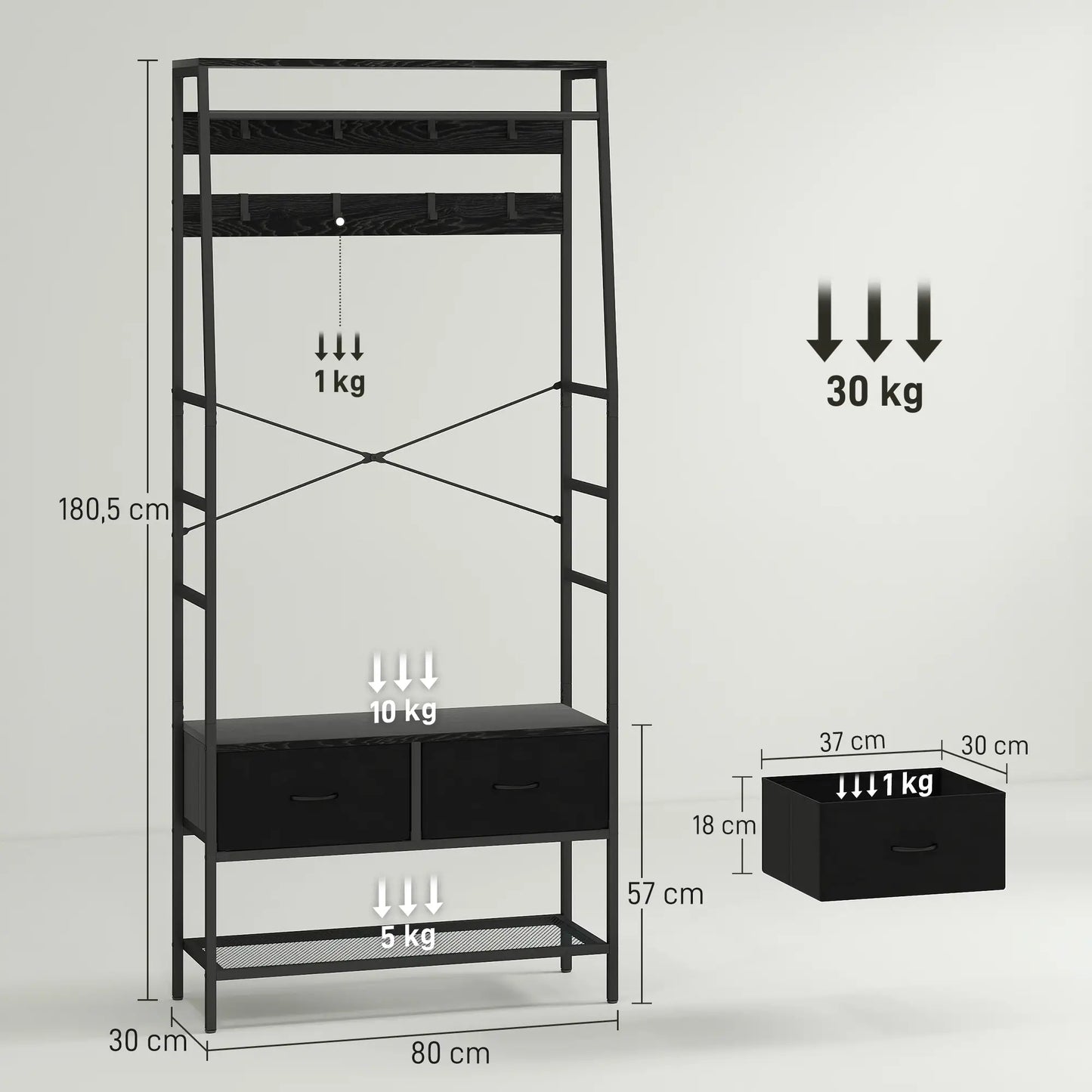 Nancy's Majano Wandgarderobe - Kledingrek - Garderobe - Schoenenrek - Zwart - Staal