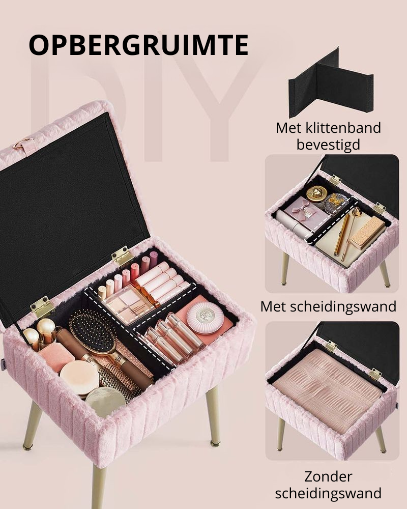 Nancy's Ospedaletto Make-Up Krukje - Hocker - Make Up Tafel Kruk met Opbergruimte - Roze - 30 x 40 x 50 cm