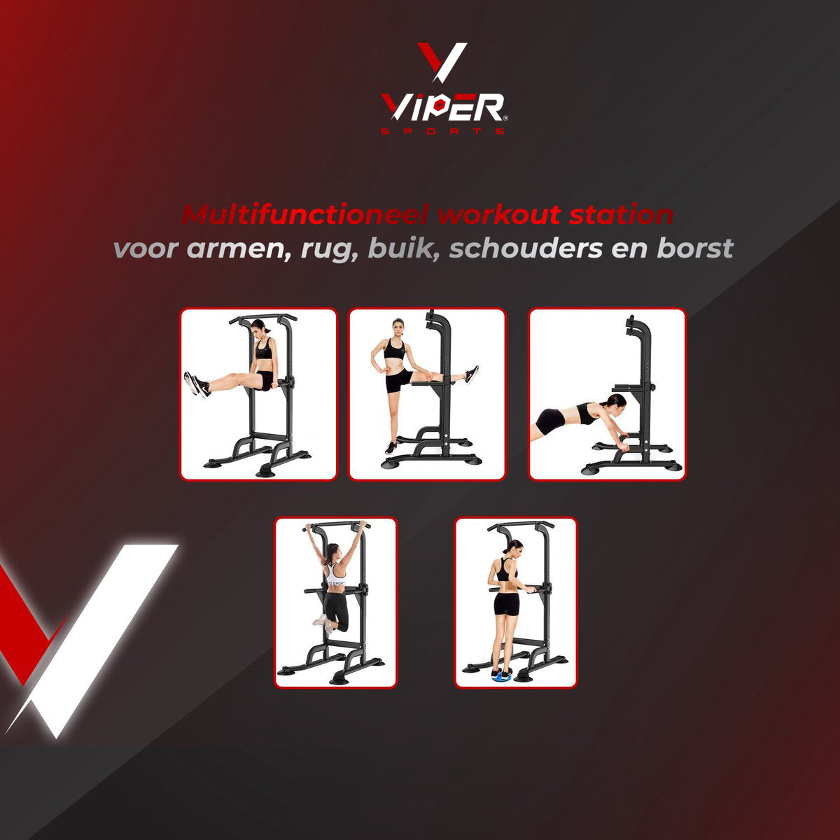 Viper Sports Krachtstation - Trainingsrek - Fitnessrek - Multifunctioneel - Power Tower Met Pull Up bar - In hoogte verstelbaar