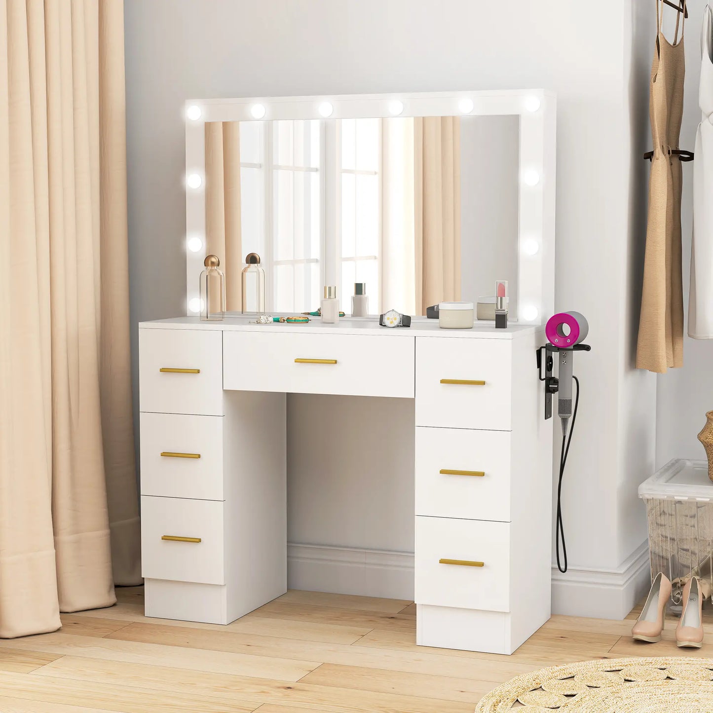 Nancy's Mangone Make Up Tafel - Kaptafel - Make-Up tafel met spiegel en verlichting - LED - Wit - ± 100 x 40 x 135 cm
