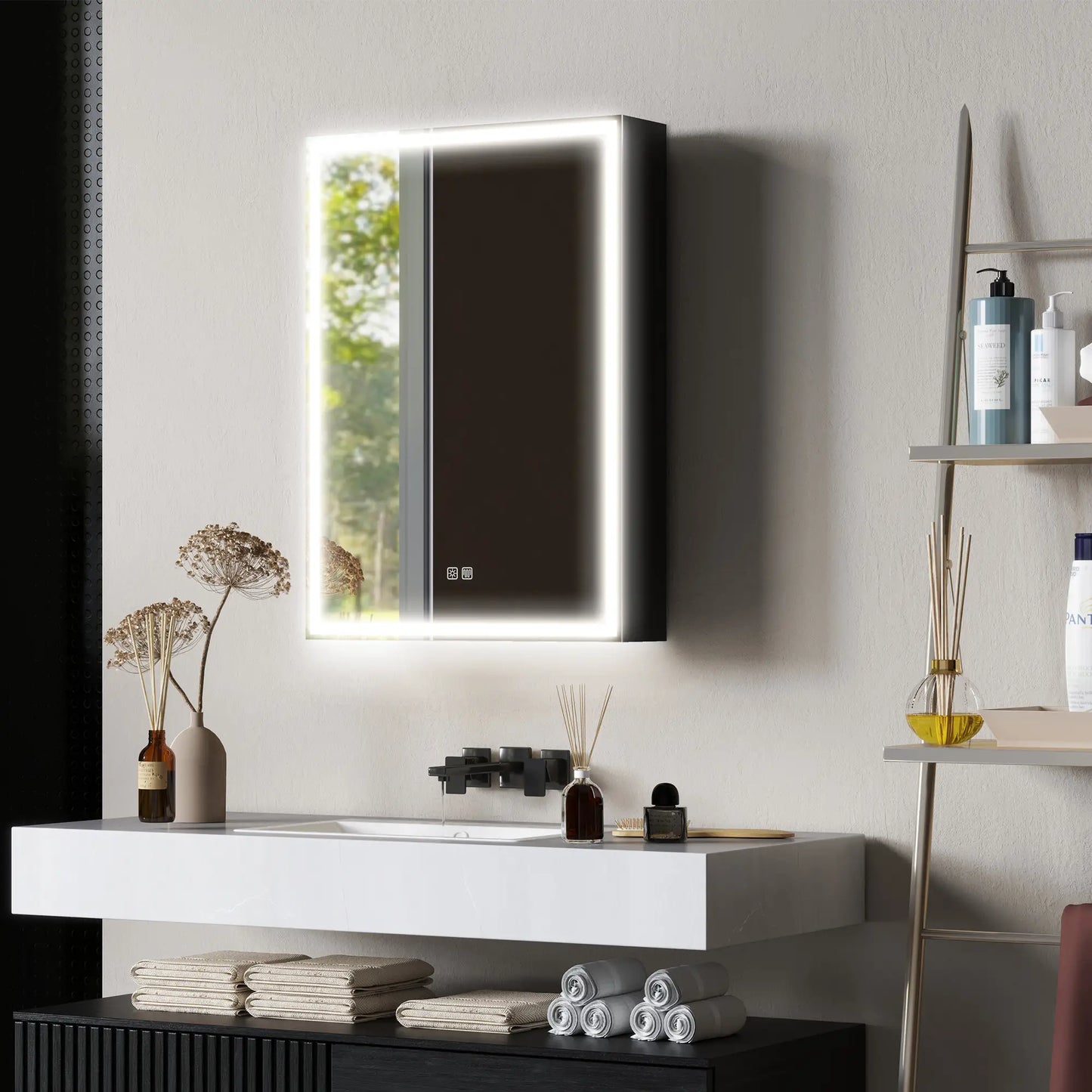 Nancy's Aldoar Spiegelkast met Verlichting - Badkamerspiegel met Opbergkast - Zwart - ± 50 x 10 x 70 cm