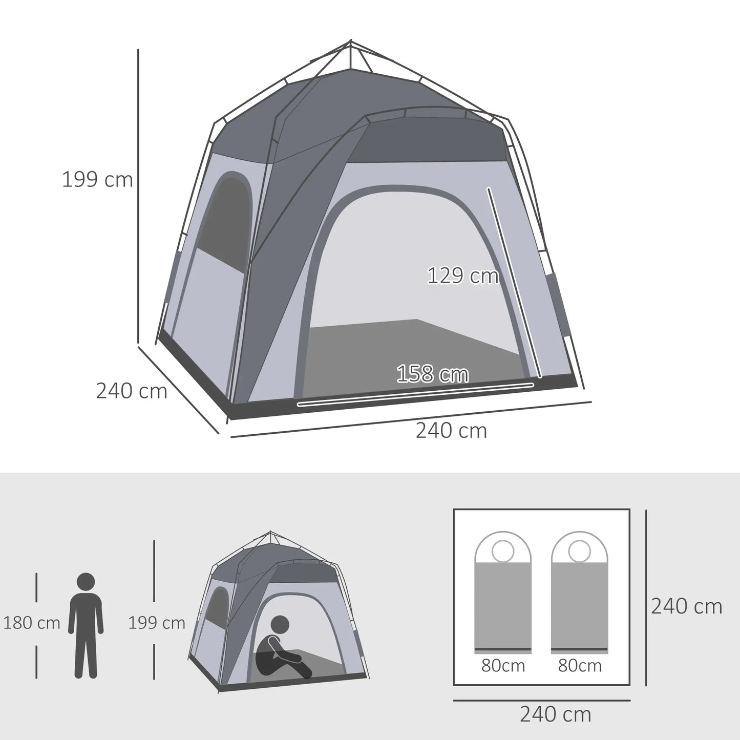 Nancy's Ghedi Kampeertent - Campingtent - Koepeltent - Grijs - 240 x 240 x 200 cm