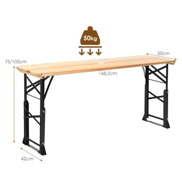 Nancy's Terrenho Biertafel - Campingtafel - Picknicktafel - Kampeertafel - Hout - ± 170 x 50 x 75-105 cm
