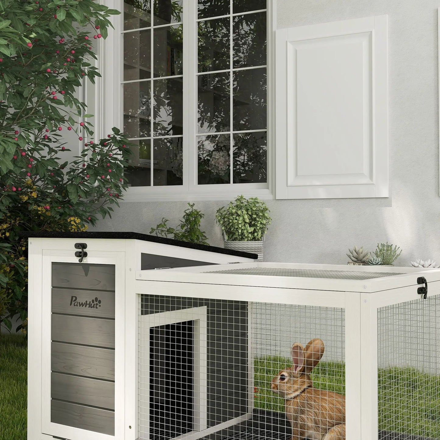 Nancy's Empoli Dierenverblijf - Konijnenhok - Grijs / Wit / Zwart - Dennenhout - ± 90 x 50 x 65 cm