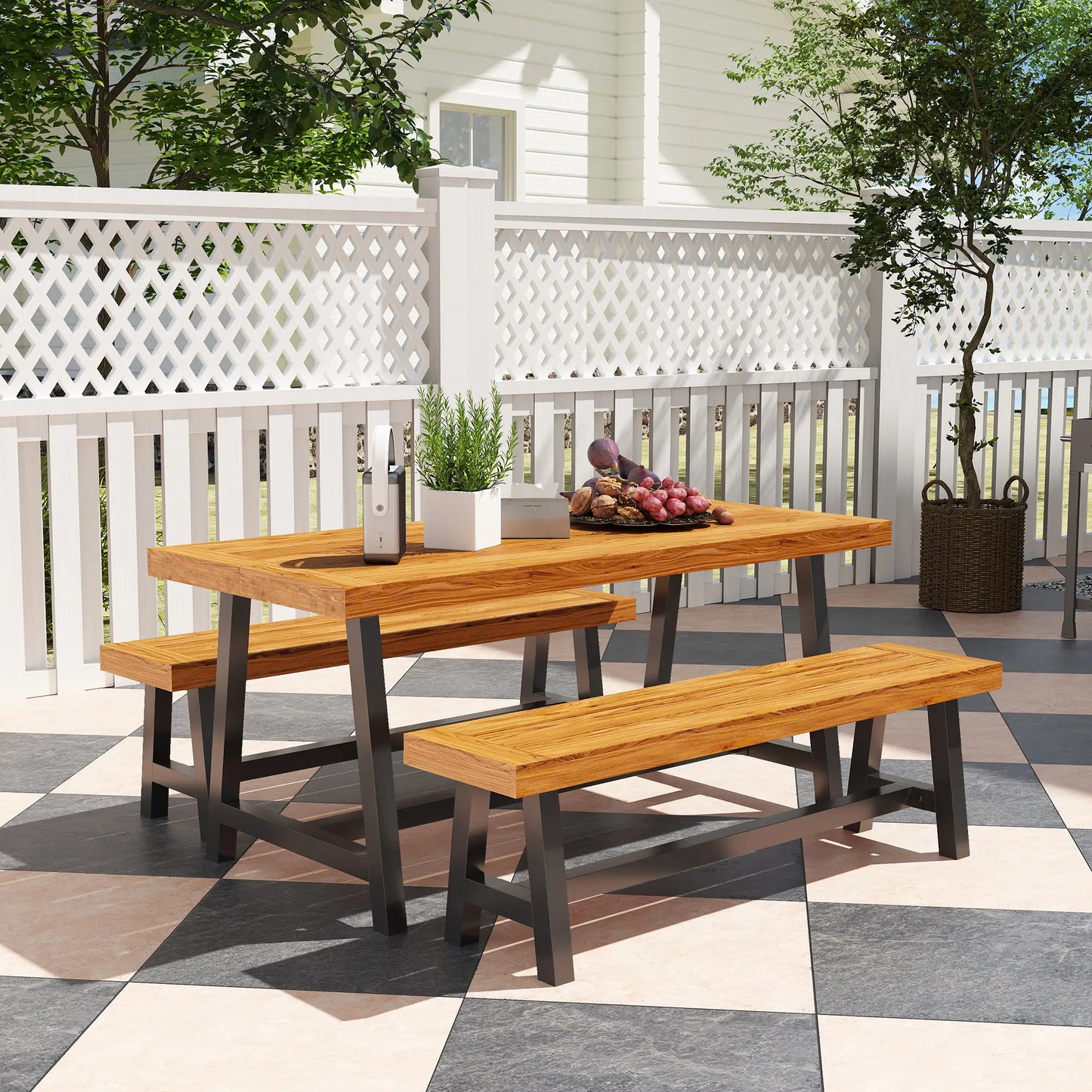 Nancy's Galliera Picknicktafel - Tuinset - Teak / Zwart - Dennenhout / Staal