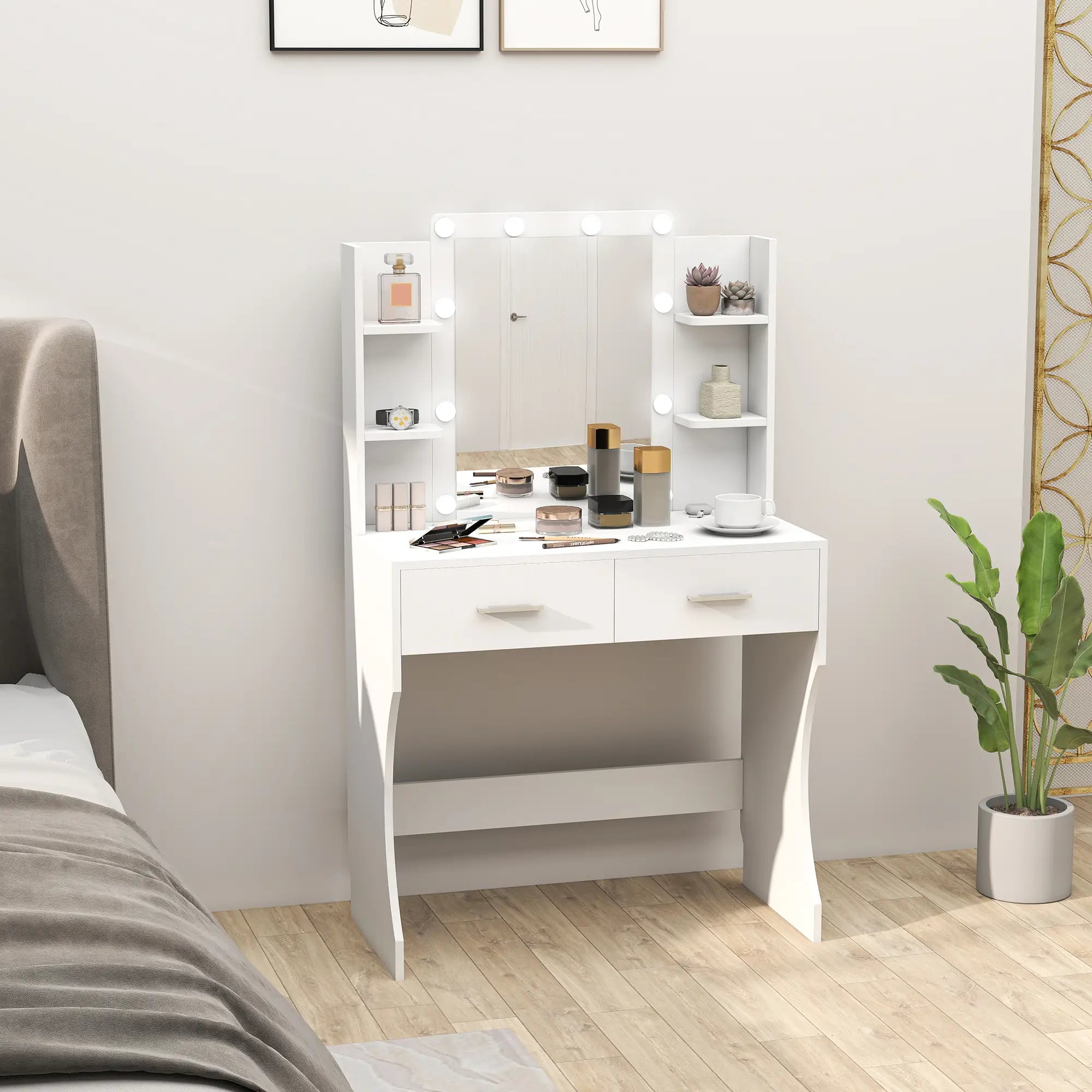 Nancy's Loiri Kaptafel - Make Up Tafel - Met Spiegel en Verlichting - Wit - ± 80 x 40 x 130 cm