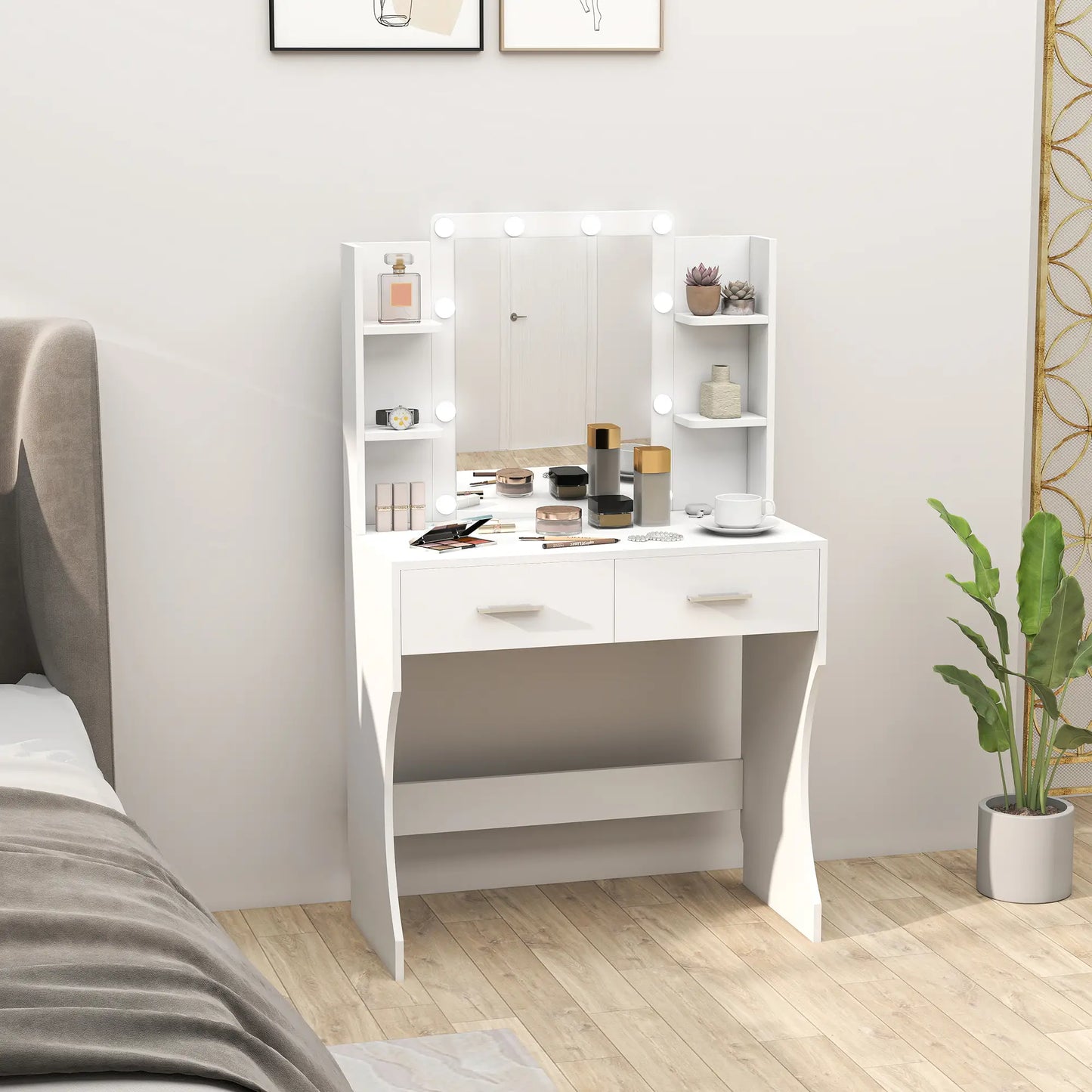 Nancy's Loiri Kaptafel - Make Up Tafel - Met Spiegel en Verlichting - Wit - ± 80 x 40 x 130 cm