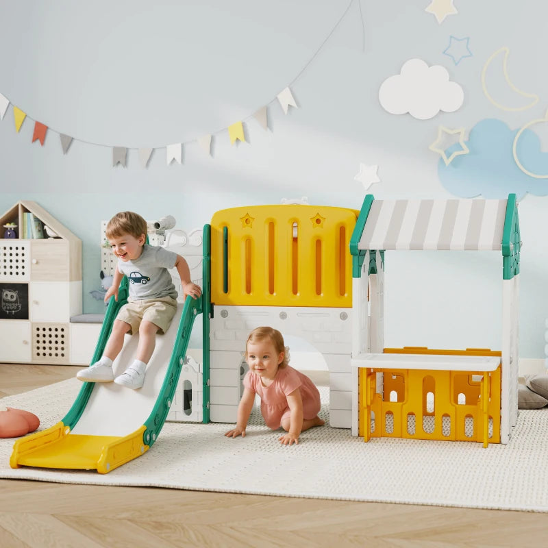 Nancy's Ortisei 7-in-1 Klimspeelgoed - Kinderspeeltuin - Babyglijbaan - Klimwand - Basketbalring - Geel / Groen