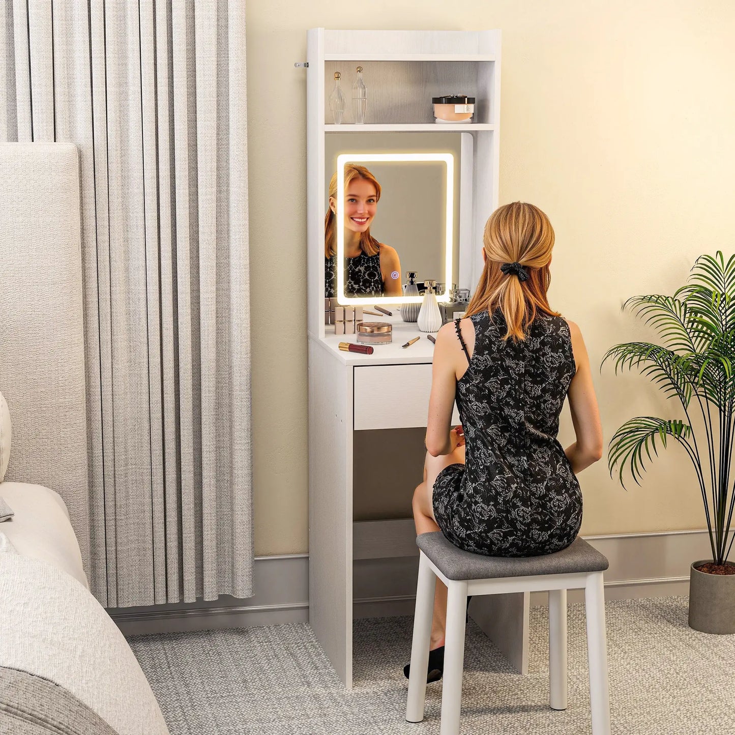 Nancy's Manfredonia Kaptafel - Make Up Tafel - Makeup tafel met verlichting - Wit - ± 45 x 45 x 150 cm