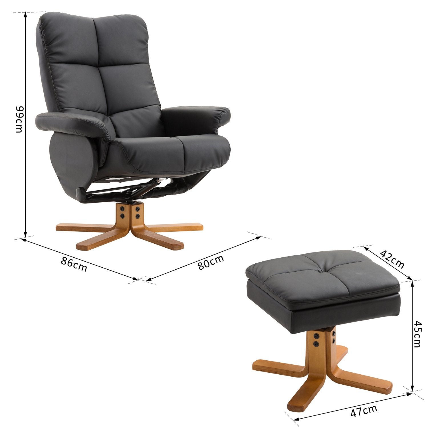 Nancy's Richmond Relaxfauteuil - Voetensteun - Voetenbank - Kunstleer - Massief Hout - Ligfunctie - 80 x 86 x 99 cm - Zwart