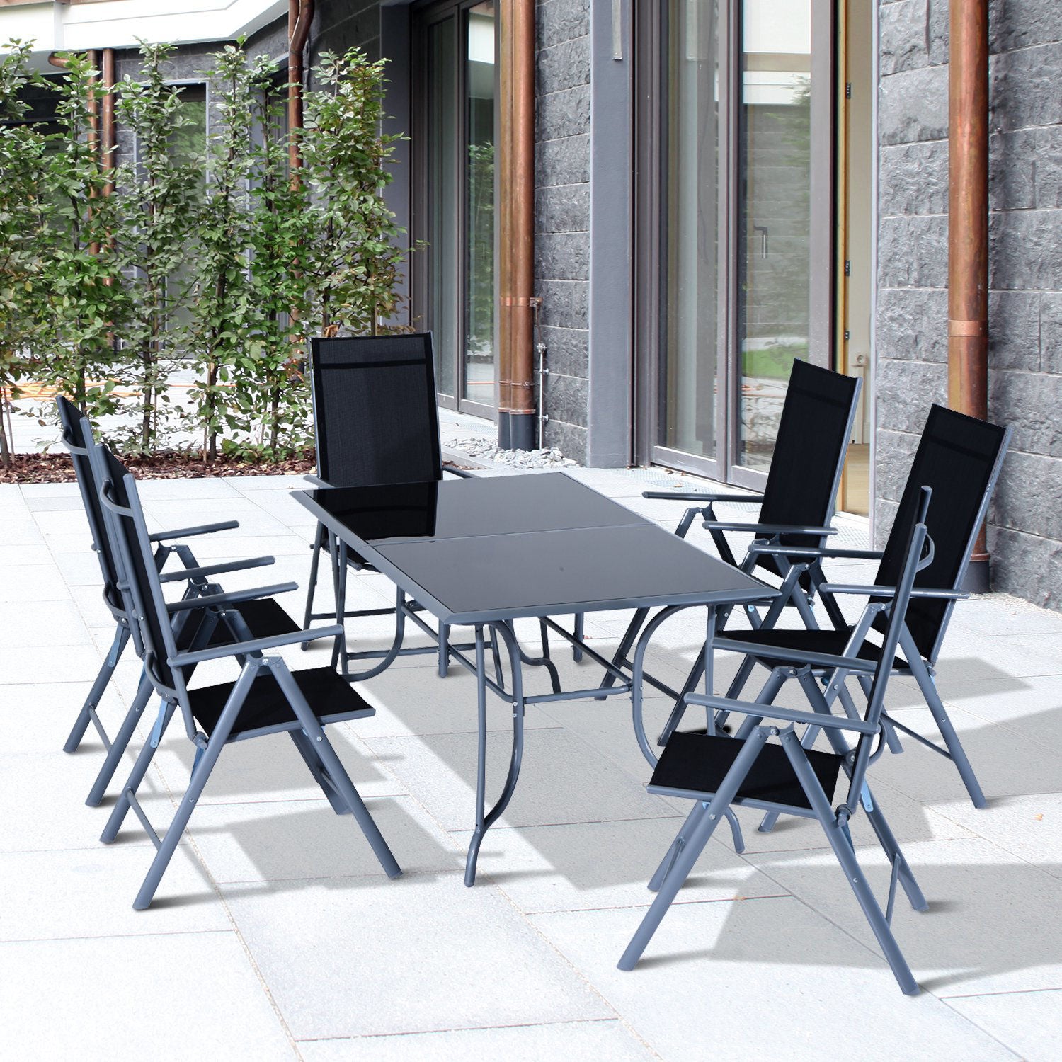 Nancy's Rouen Tuinset voor 6 personen - Tuintafel - Tuinstoelen - 7-delige set - Zwart