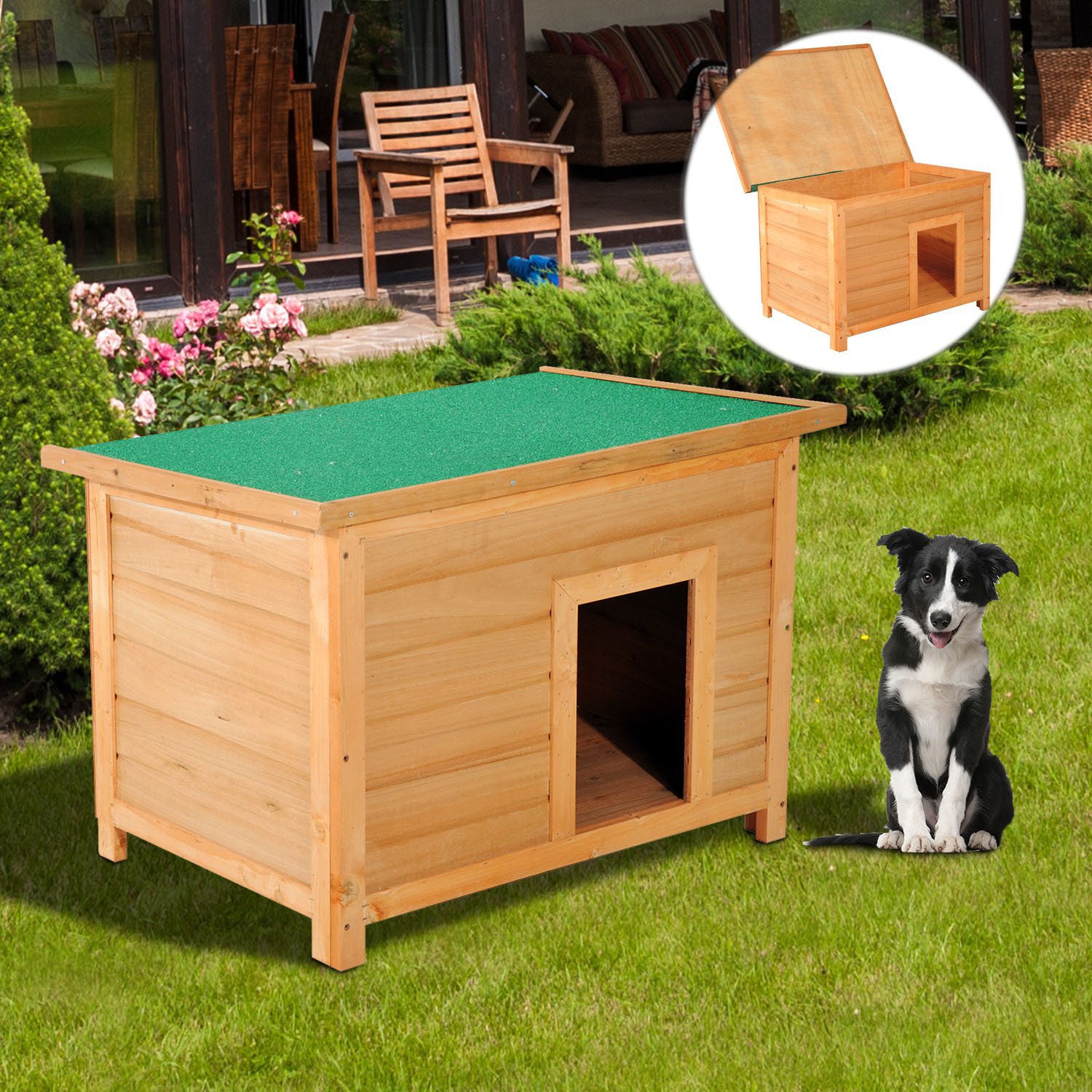 Nancy's Bar River Dog House - Bruin, Groen - Firwood - 33,46 cm x 22,83 cm x 22,83 cm