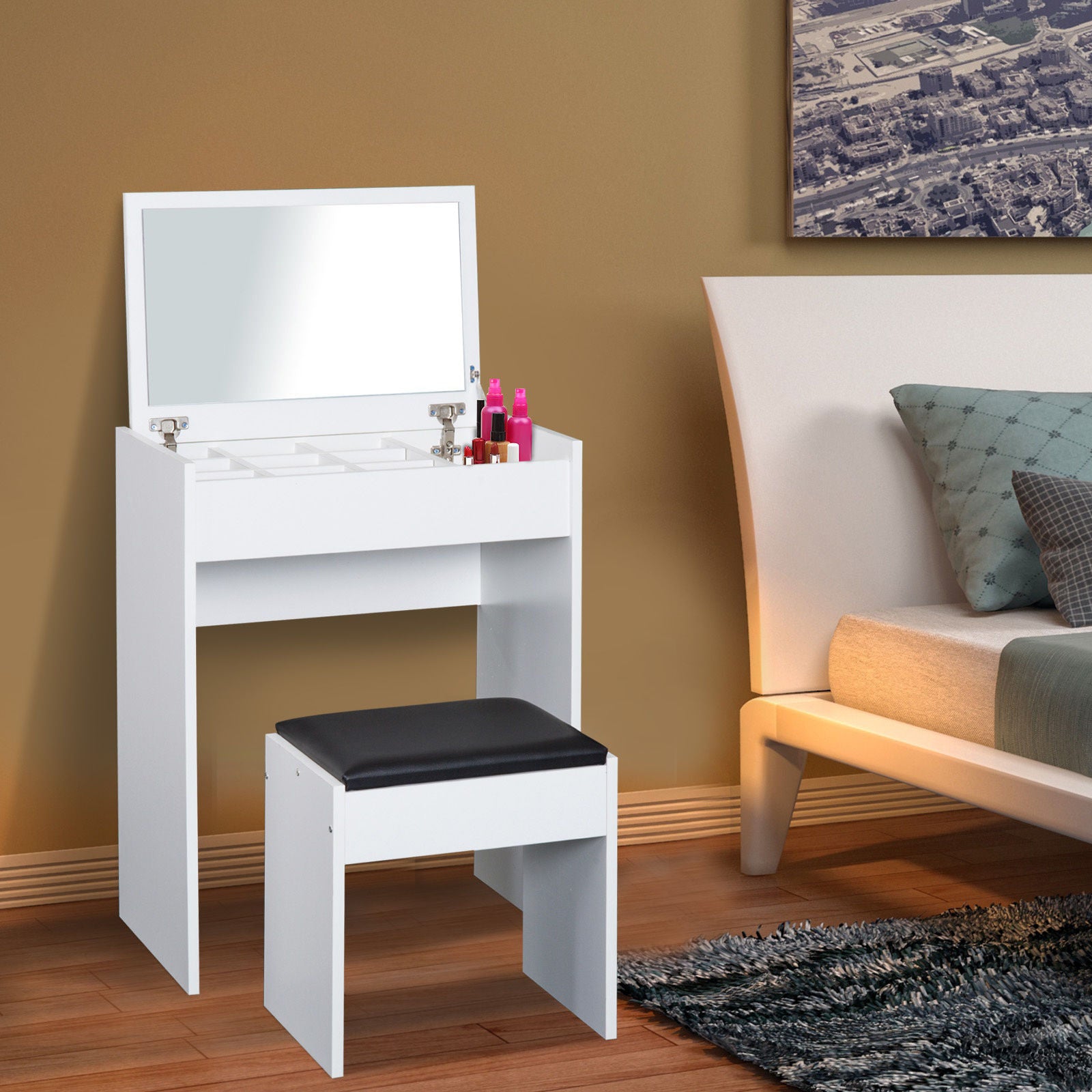 Nancy's Drill Camp Cosmetische Tafel met Kruk - Wit, Zwart - Spaanplaat, Synthethic - 15,82 cm x 23,7 cm x 31,1 cm