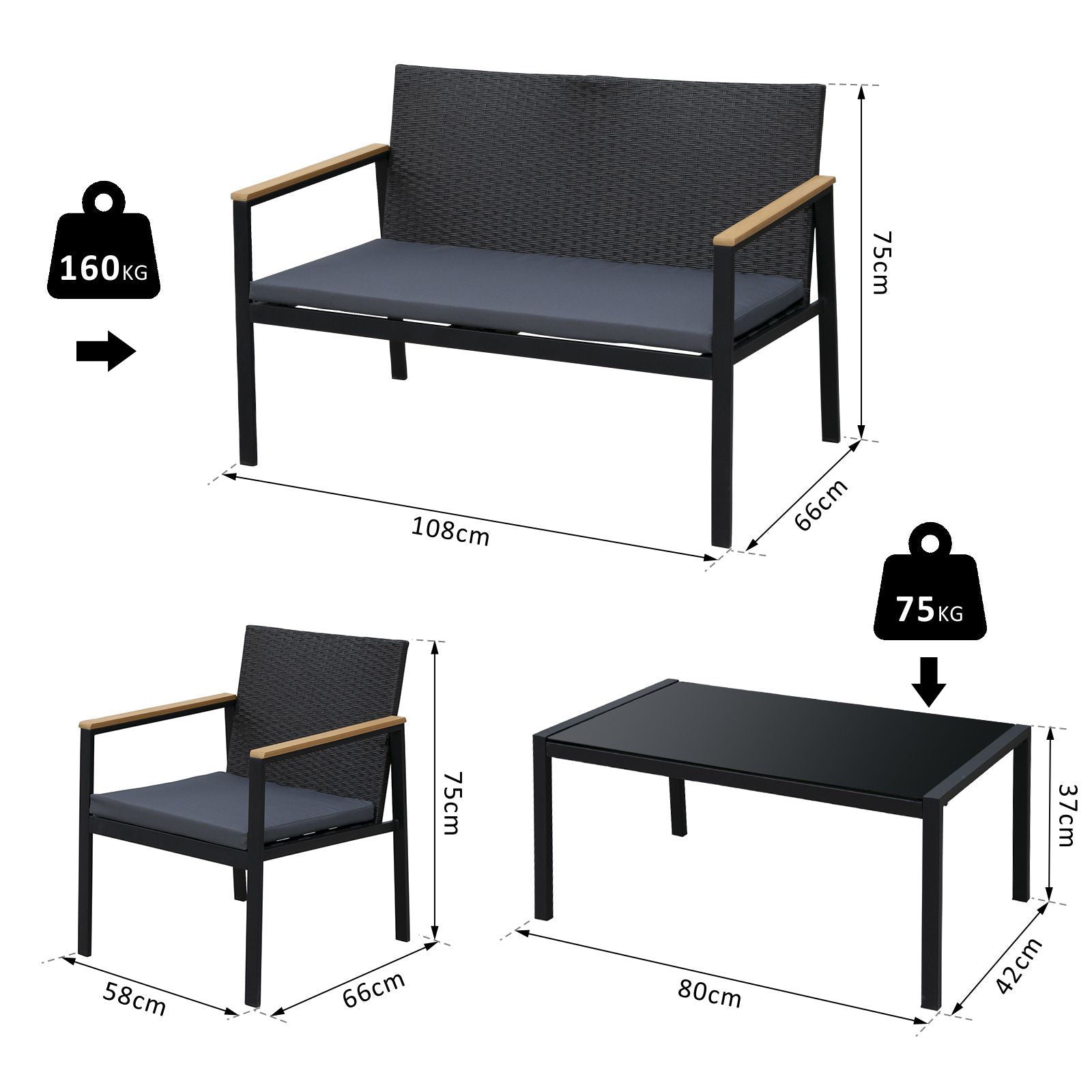 Nancy's Piedregal Tuinmeubelen - Zwart, Grijs - Metaal, Polyester, Glas - 22,83 cm x 25,98 cm x 29,52 cm