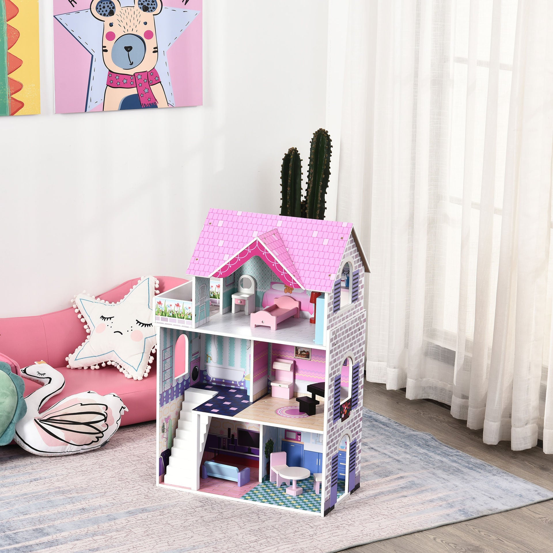 Nancy's Chan Bank Kinder houten poppenhuis - Roze - Grenen, Gefabriceerd Hout - 33,85 cm x 11,81 cm x 34,25 cm