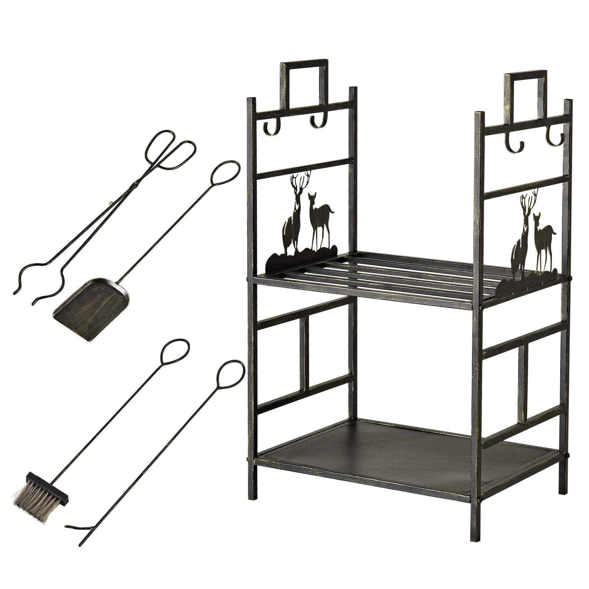 Nancy's Cowpen Firewood Rack with Fireplace Tools Iron Gold