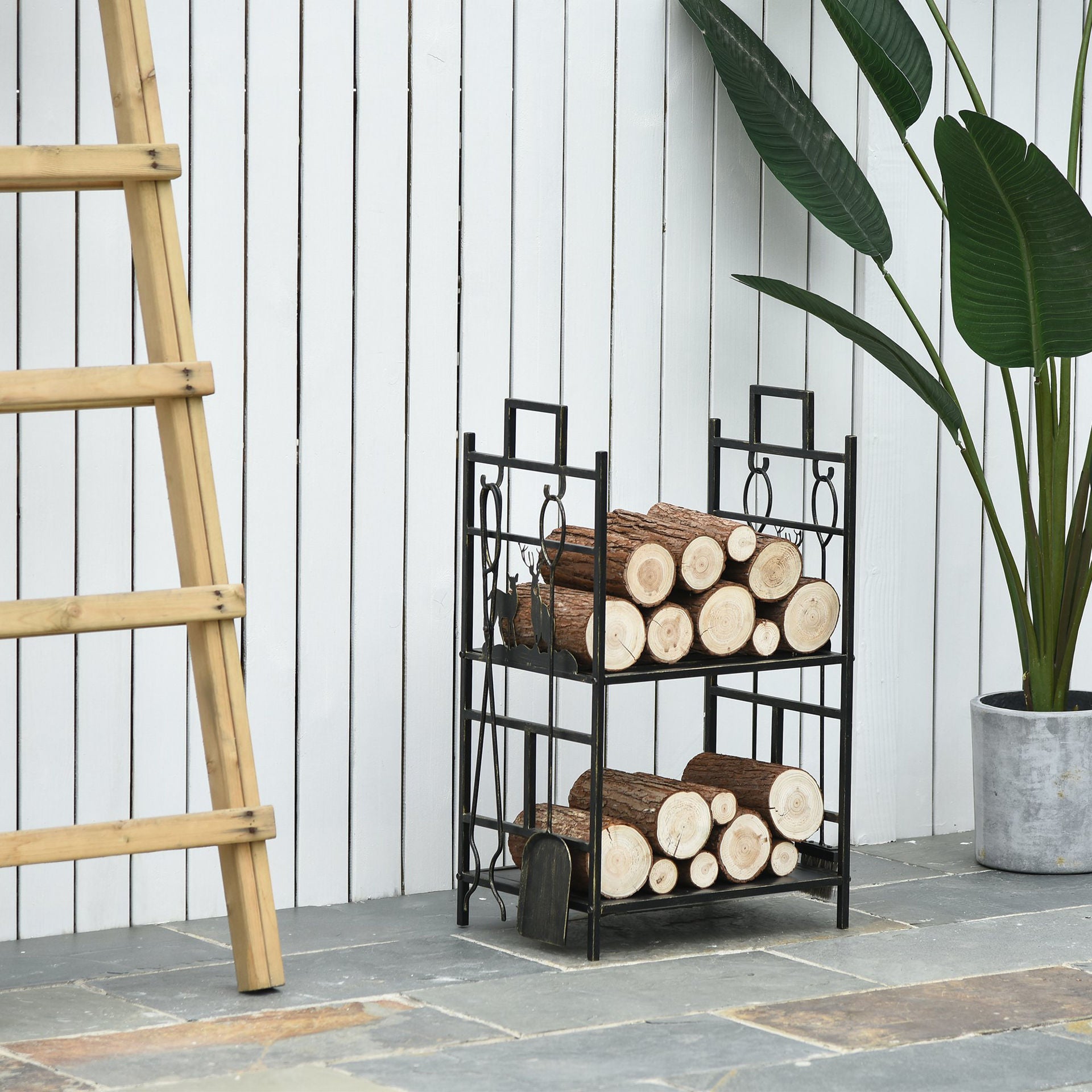 Nancy's Cowpen Brandhouten Standaard Met HaardGereedschap - Goud - IJzer - 20,27 cm x 12,99 cm x 30,31 cm