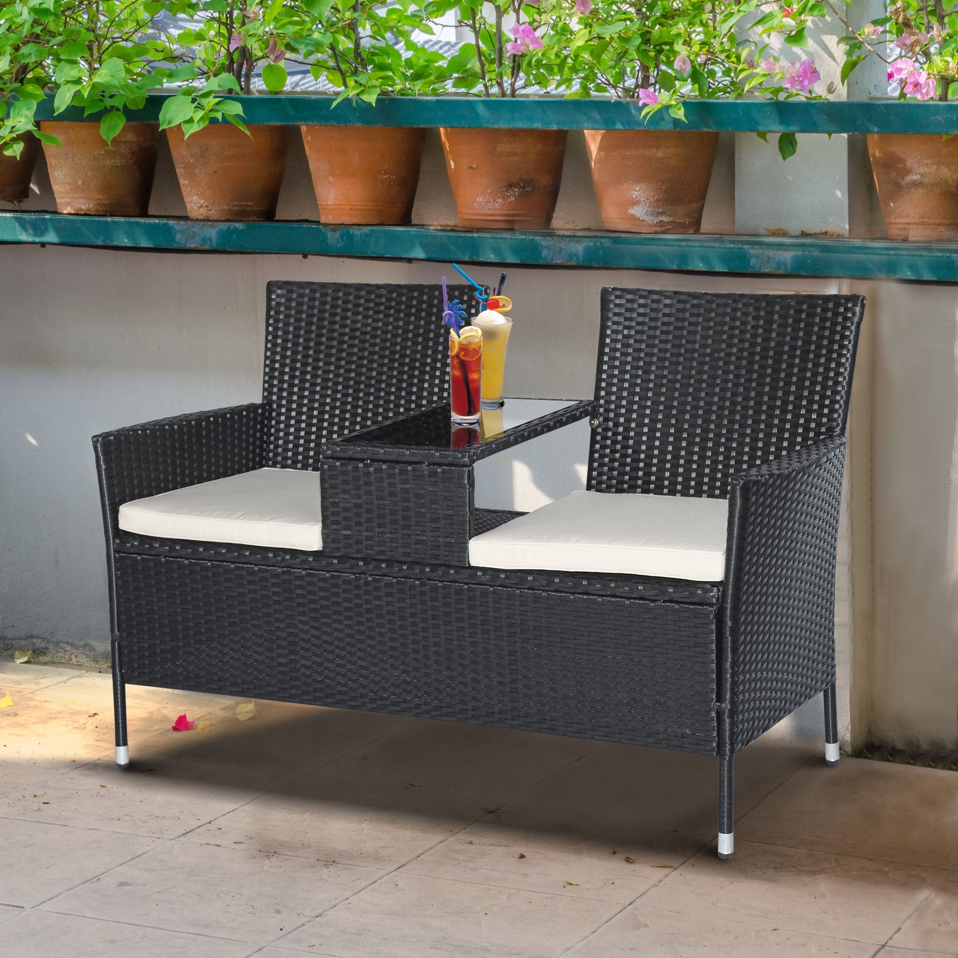 Banc de jardin Nancy's Round Cay Poly - Noir / Beige - Rotin - ± 130 x 60 x 85 cm