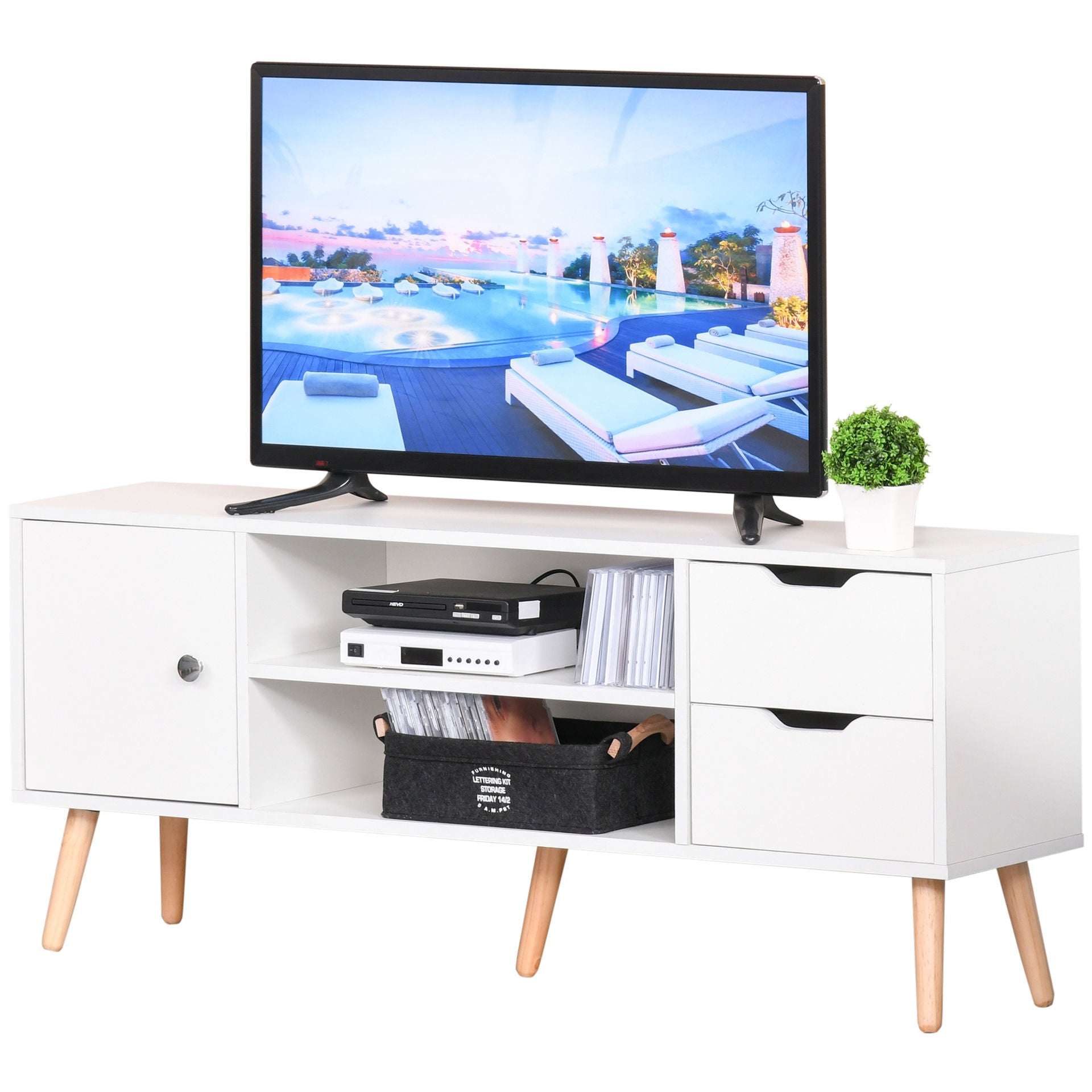 Nancy's Chub Cut Low Board TV kast met 2 lades - Wit - Spaanplaat, Pinewood - 47,24 cm x 11,02 cm x 17,32 cm
