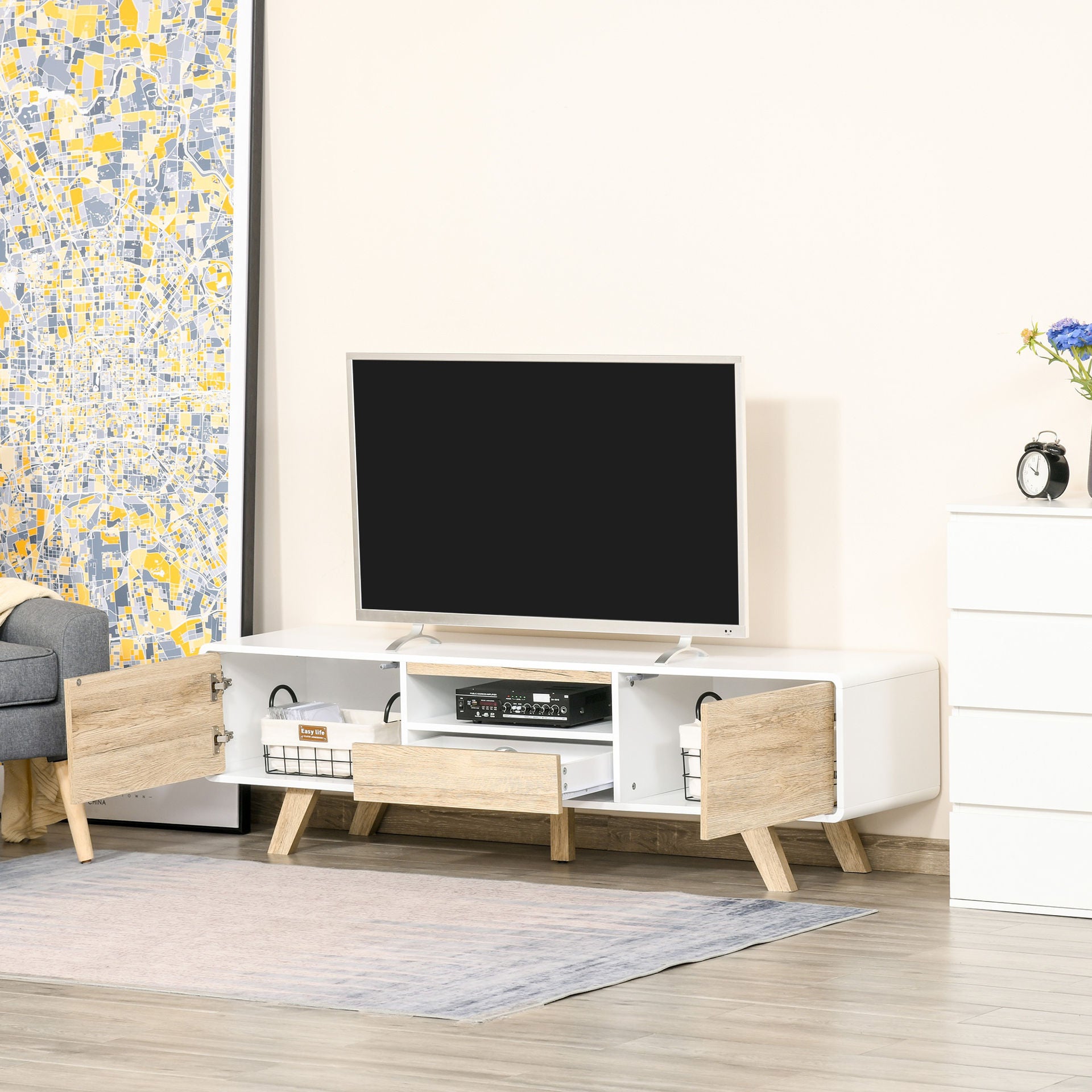 Nancy's Grassy Bay TV kast Lowboard - Wit, Naturel - Gefabriceerd Hout - cm x 62,99 cm x 17,71 cm